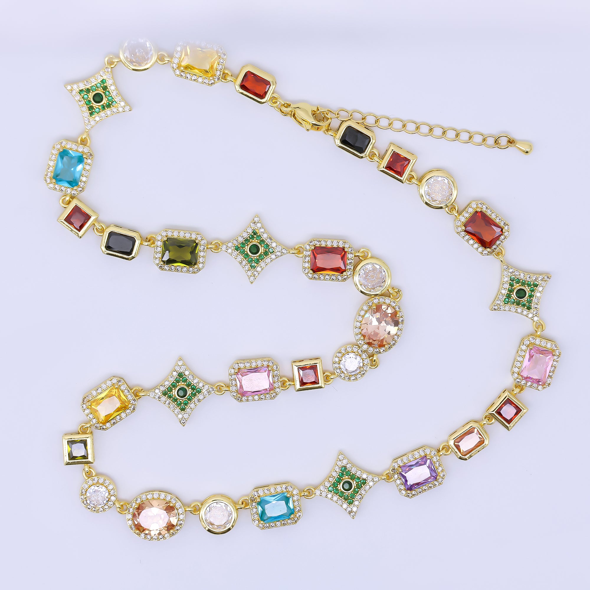 24K Gold Filled 8.7mm Multicolor Mixed-Cut CZ Starry Bead Chain 17 Inch Necklace with Extender | WA-1285