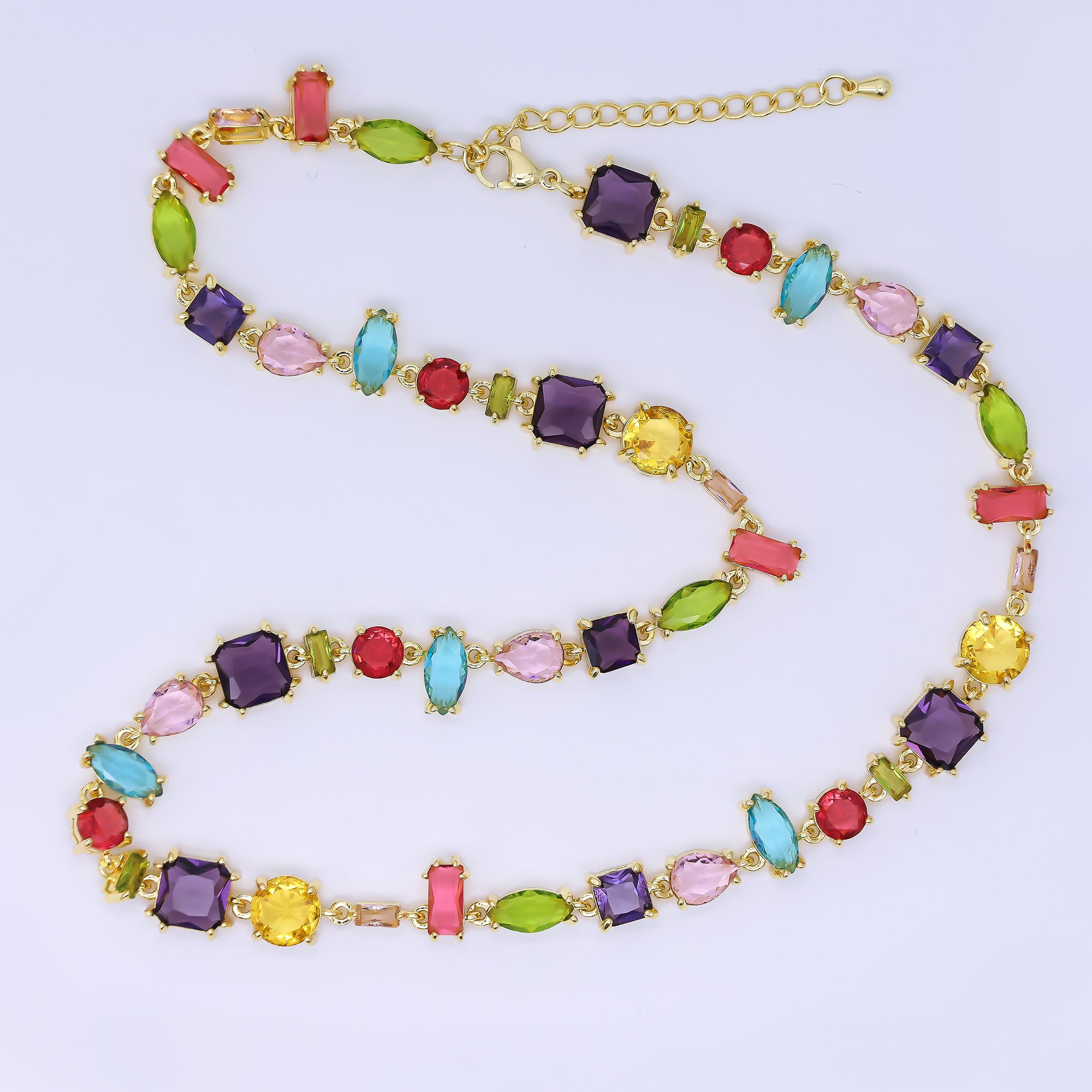 24K Gold Filled 2.6mm Solid Multicolor Mixed-Cut CZ Geometrical Bead Chain 16 Inch Necklace with Extender | WA-1286