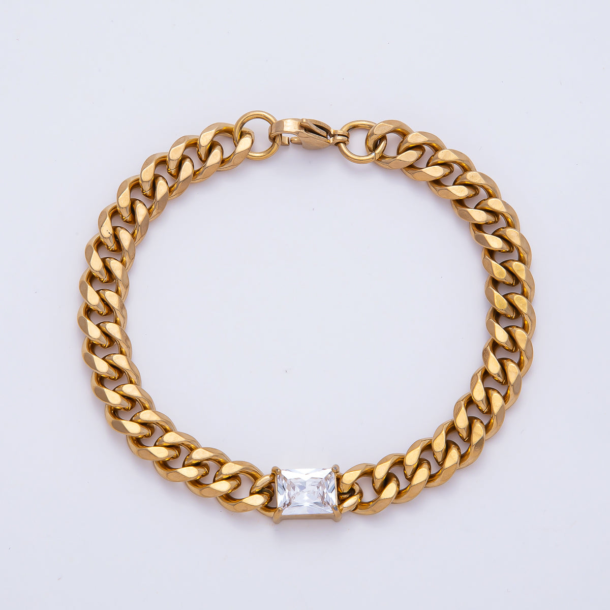 Gold Stainless Steel 9mm Baguette CZ Curb Chain 9 Inch Statement Bracelet | BR-2023
