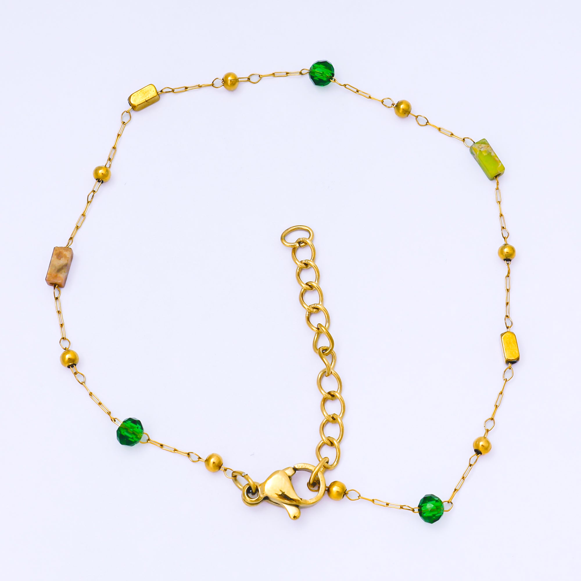 Gold Stainless Steel 2.3mm Green, Mint Green Satellite 7 Inches Glass Beads Bracelet | WA-1371