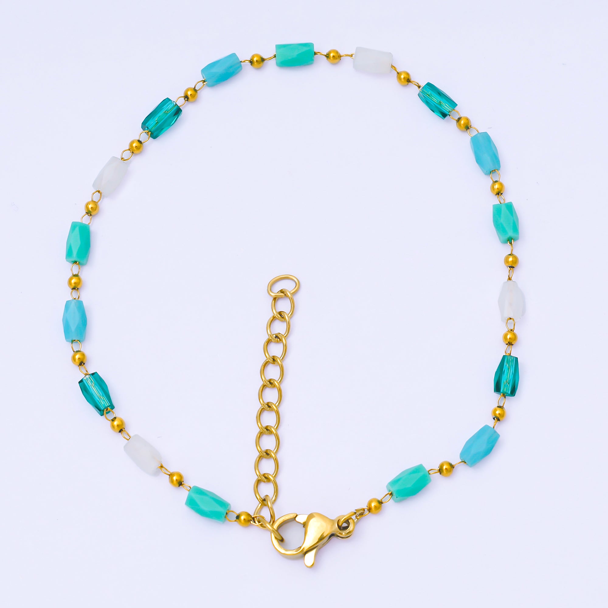 Gold Stainless Steel 1.9mm Blue, White, Teal Minimalist 7 Inches Glass Beads Bracelet | WA-1376