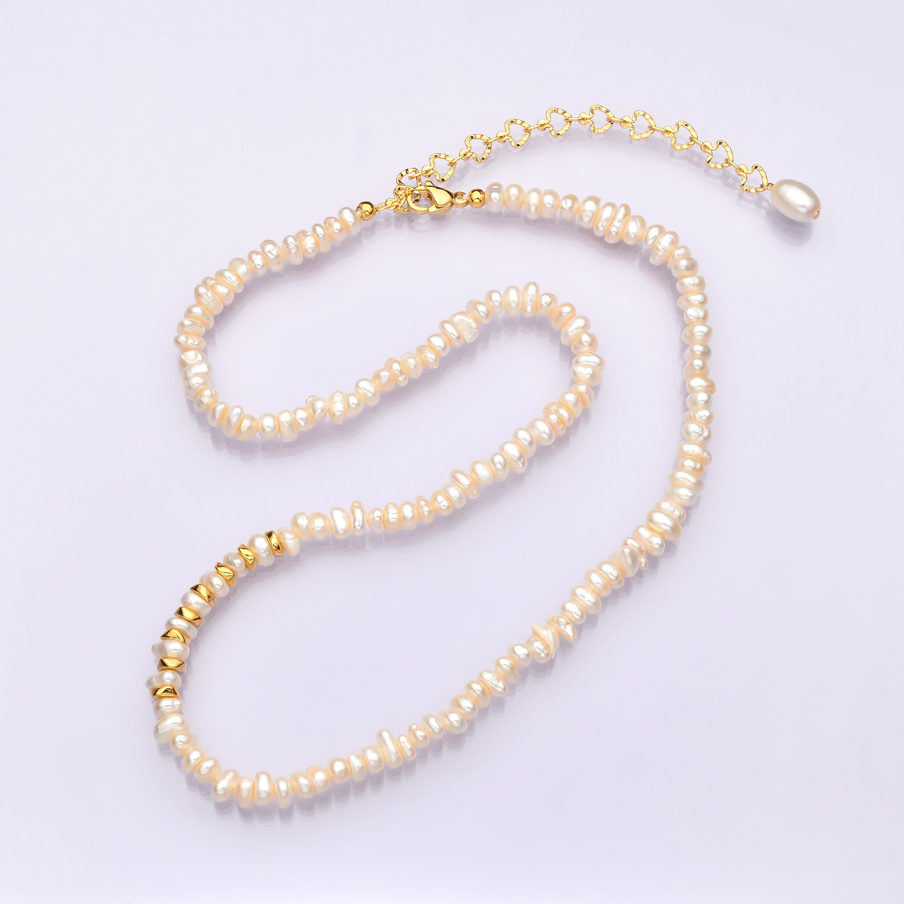 17.5 Inch Half 4.5mm Pearl Seed w. Gold Spacer Beads, Half Textured Heart Chain Necklace | WA-1450 Clearance Pricing