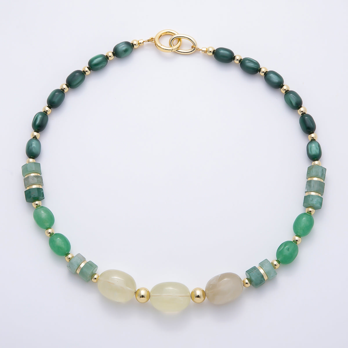 Handmade 16K Gold Filled 8mm Green Aventurine Gradient Gemstone Chain 18 Inch Necklace w. Push Gate Charm Holder | WA-01485