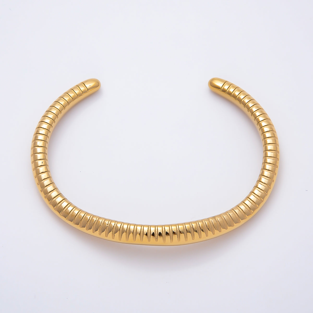 Stainless Steel Gold PVD Ribbed Lined Geometric Cuff Bracelet | WA-01506