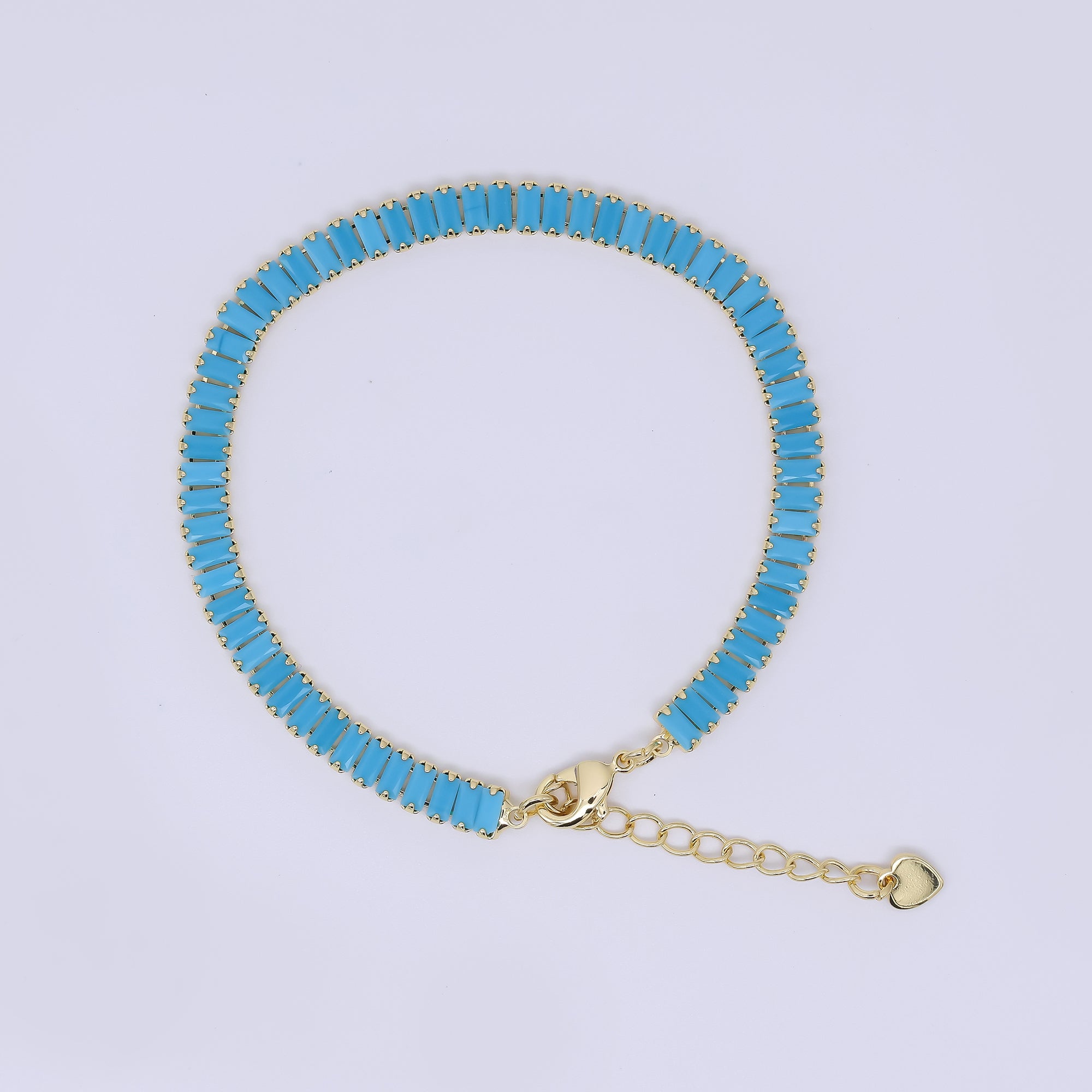 24K Gold Filled 5mm Blue Turquoise Baguette 7 Inches Tennis Chain Bracelet | WA-1606