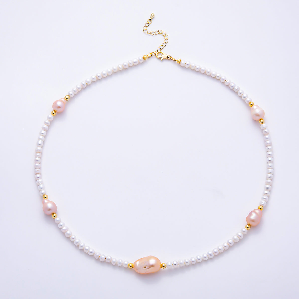 16K Gold Filled 5mm Pink Baroque White Ringed Button Freshwater Pearl Gemstone Chain 20 Inch Necklace | WA-01639