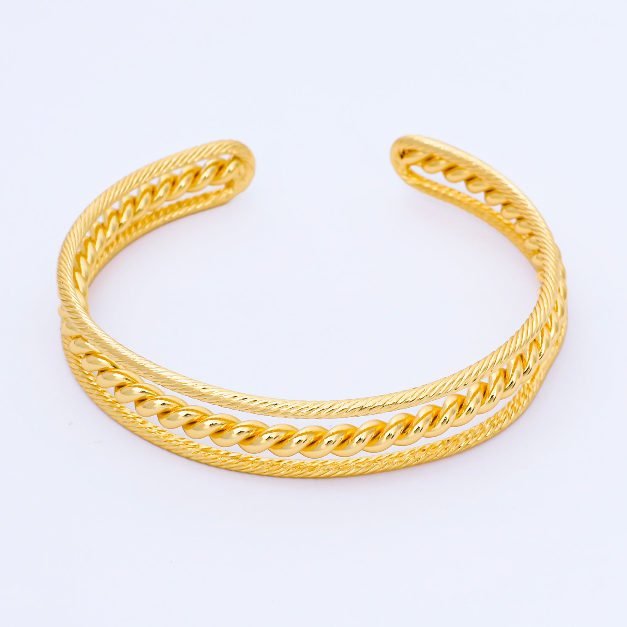 24K Gold Filled Twisted Rope Triple Band Cuff Bracelet | WA-1687