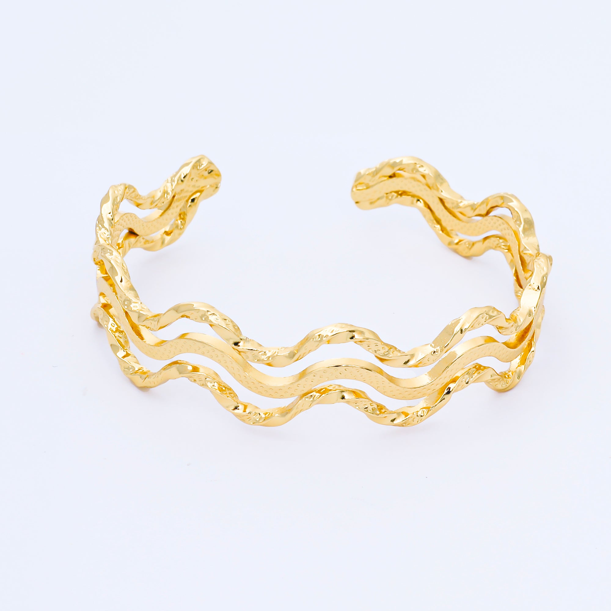 24K Gold Filled Irregular Textured Wave Triple Band Cuff Bangle Bracelet | WA-1689