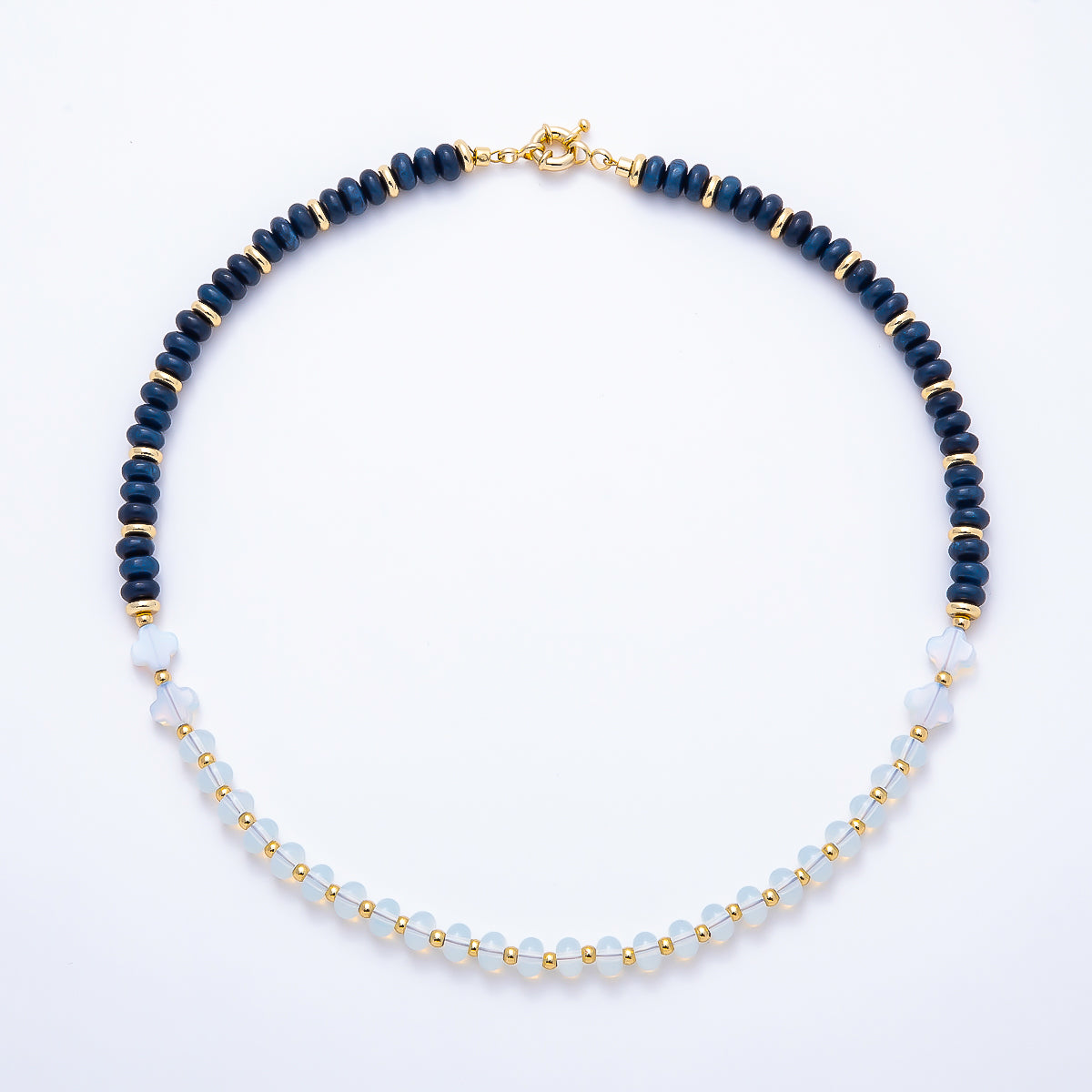 16K Gold Filled 6.5mm White Opal Blue Lapis Lazuli Half Rondelle Gemstone Chain 17 Inch Necklace w. Sailor Clasps | WA-01969