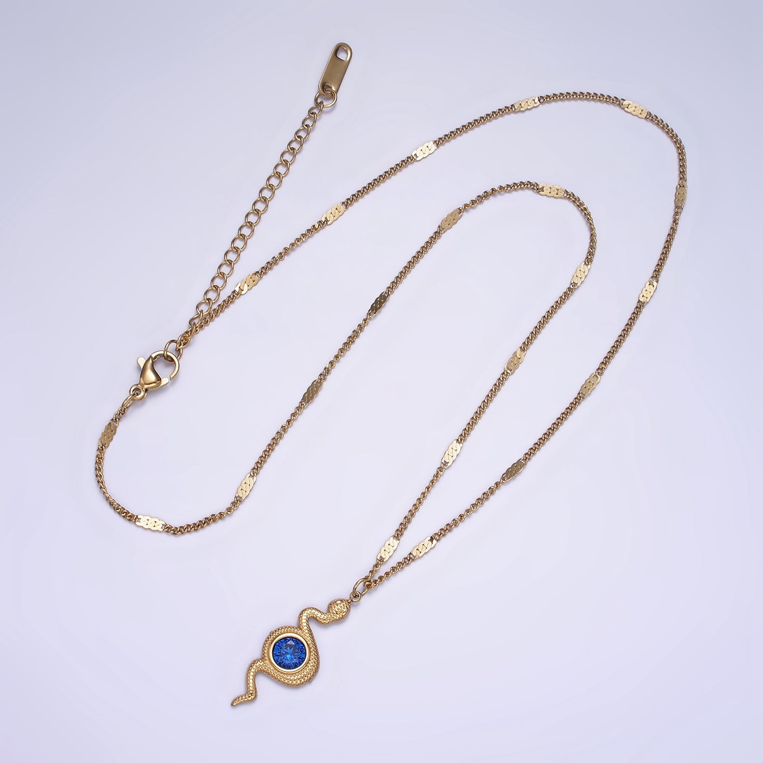 Stainless Steel Blue CZ Snake Charm Textured Curb Chain 17 Inch Necklace w. Extender | WA-02068
