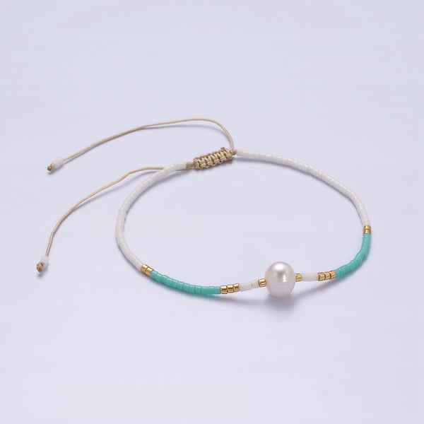 Dainty Shell Pearl Cord Bracelet Turquoise White Gold Cylinder Beaded Adjustable Bracelet WA-2200 - DLUXCA