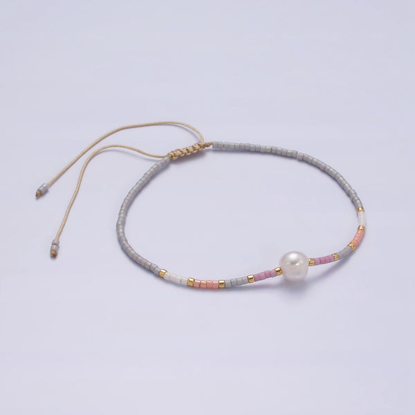 Dainty Shell Pearl Cord Bracelet with Gray Pink Gold Cylinder Beaded Adjustable Bracelet WA-2202 - DLUXCA