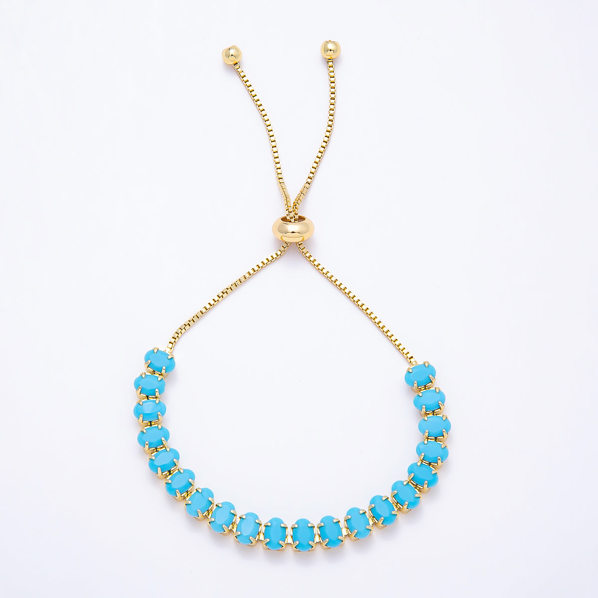 16K Gold Filled 6mm Turquoise Oval Gemstone Box Chain Adjustable Bolo Slide Bracelet in Gold & Silver | WA-02445 WA-02510