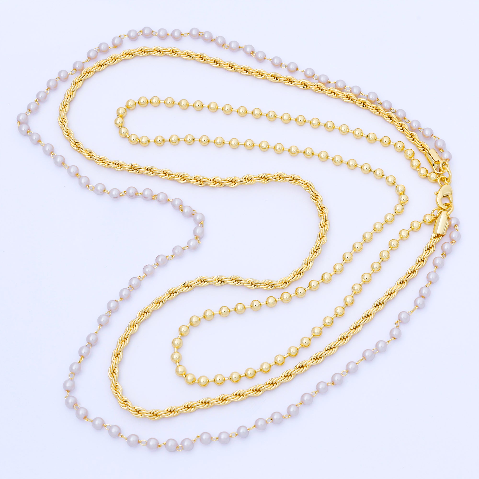 Layer Gold & Pearl Beaded Chain Necklace 24K Gold Filled Rope Chain Mixed Chain Style WA-2858