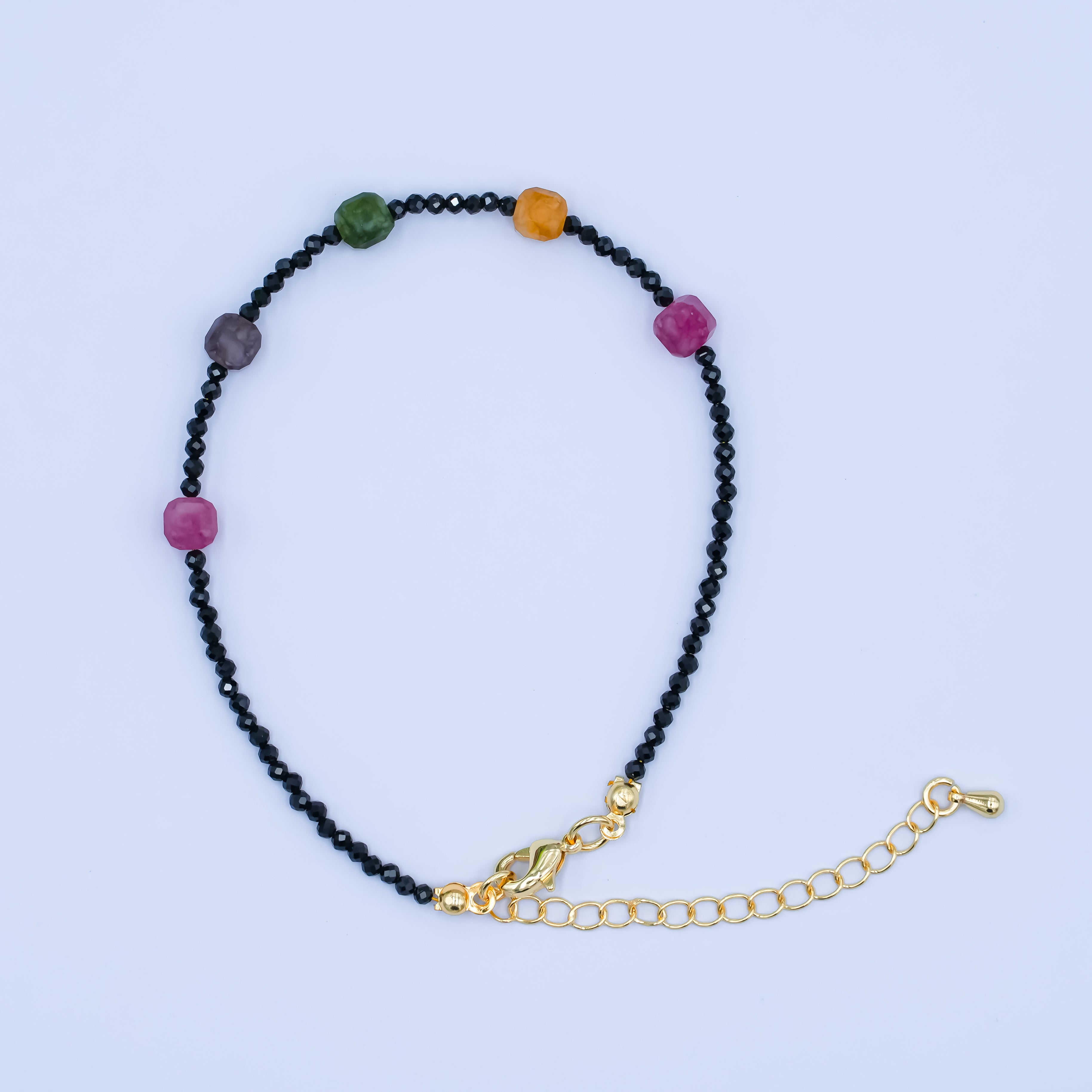 24K Gold Filled Multifaceted Multicolor Black Onyx Gemstone 7.5 Inch Bracelet | WA-2881