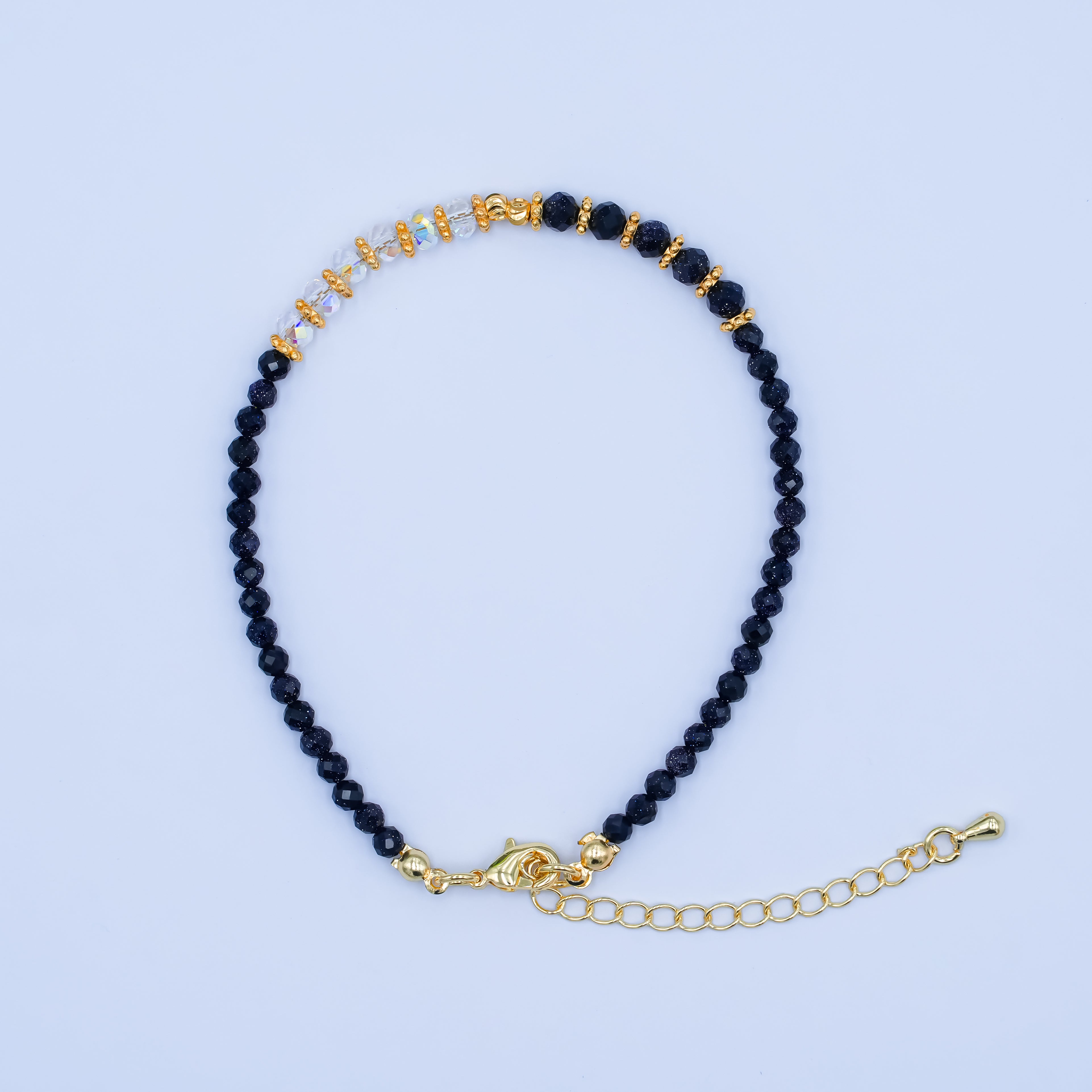 24K Gold Filled 4mm AB Blue Black Goldstone Multifaceted Gemstone 7.5 Inch Bracelet | WA-2890