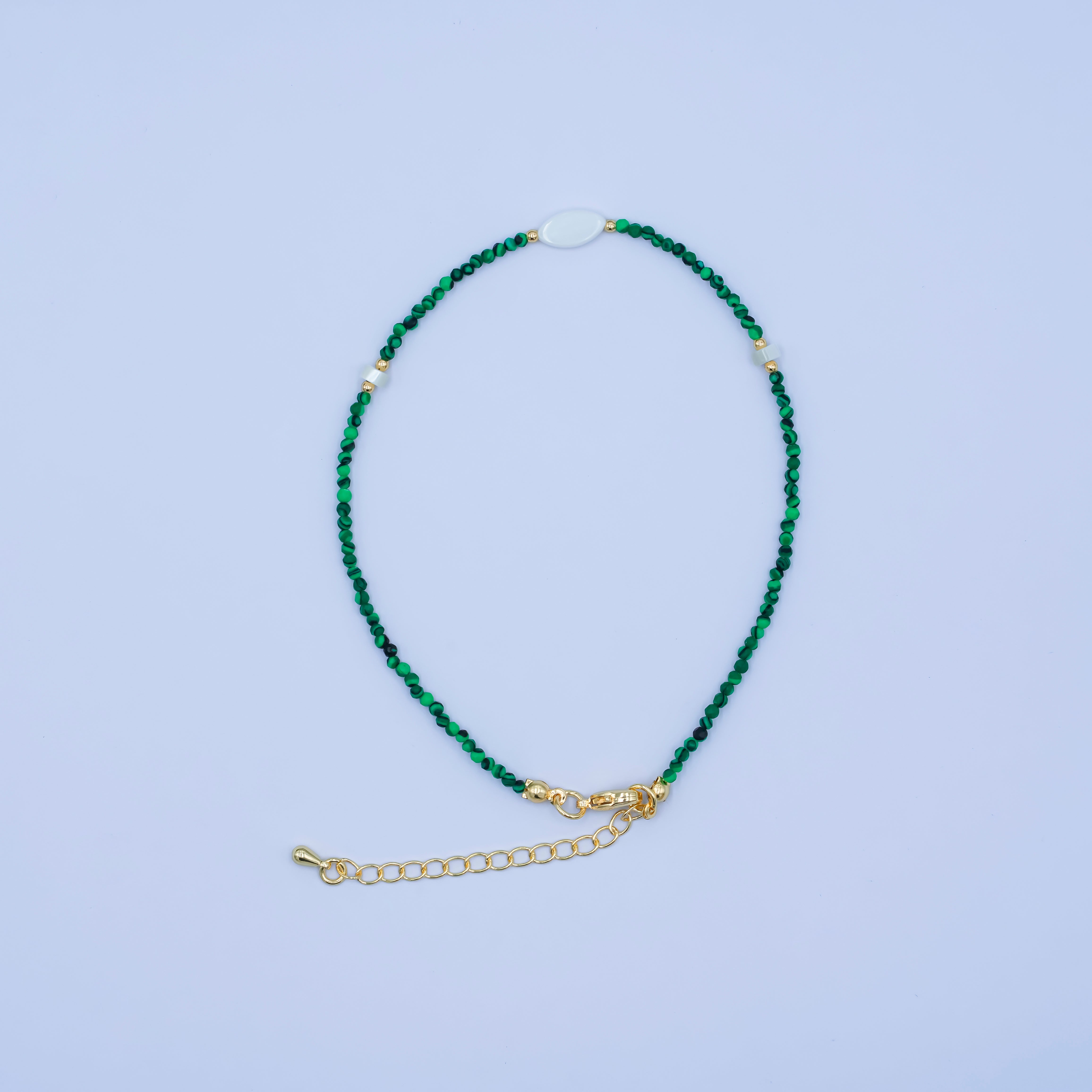 24K Gold Filled 2mm Shell Pearl Malachite Multifaceted Gemstone 9 Inch Anklet | WA-2946