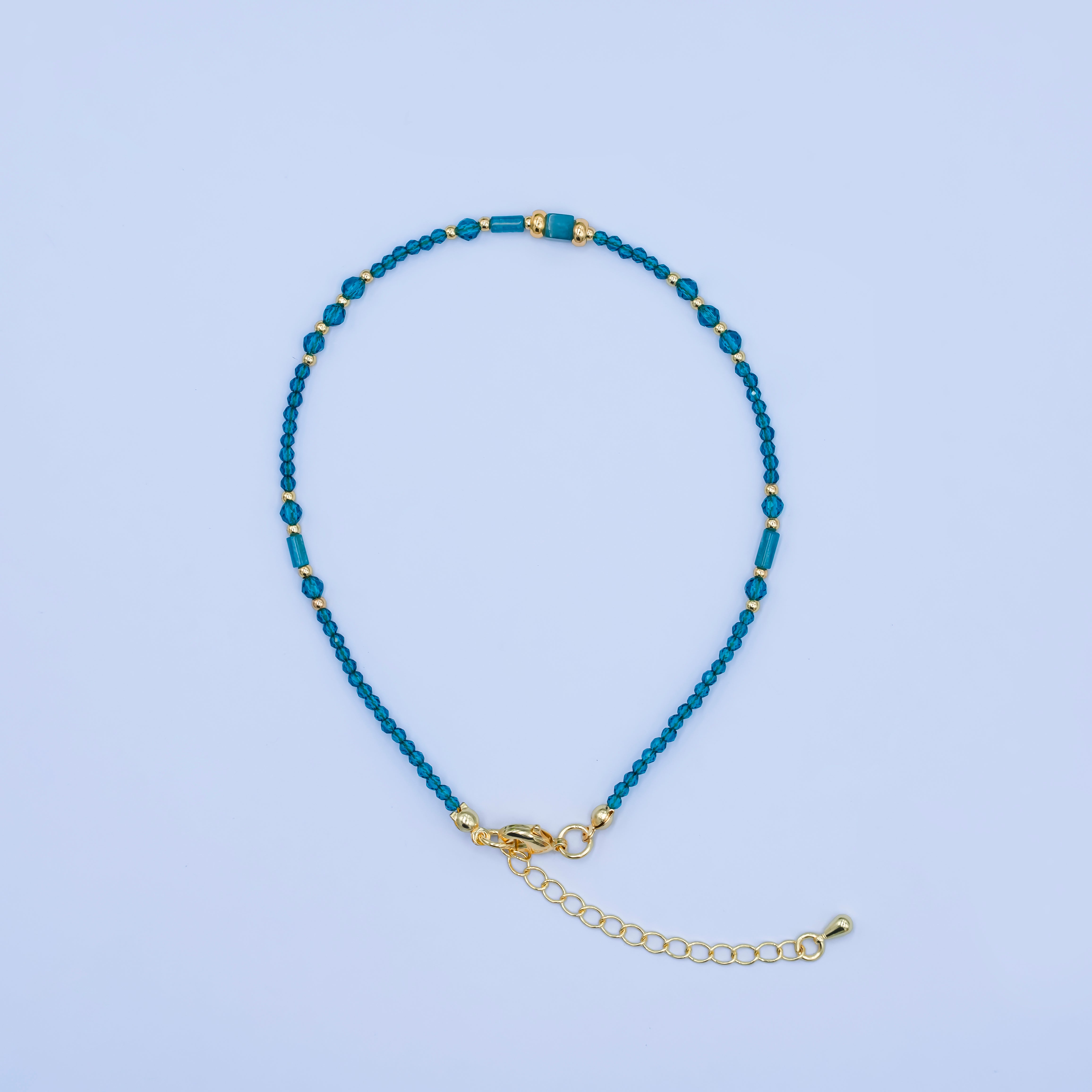 24K Gold Filled 2mm Blue Multifaceted Gemstone 9 Inch Anklet | WA-2947