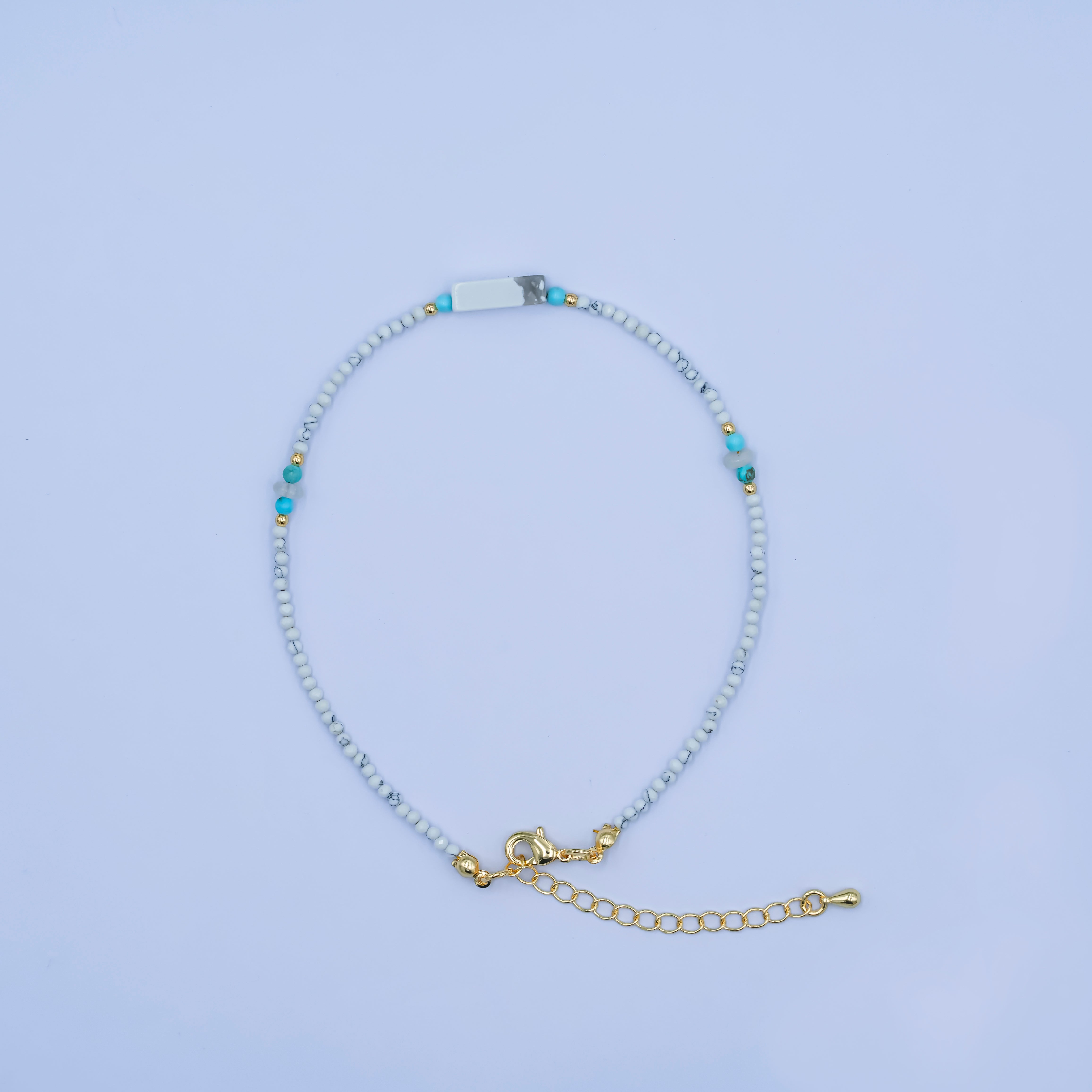 24K Gold Filled 2mm Blue Turquoise Howlite Gemstone 9.5 Inch Anklet | WA-2952