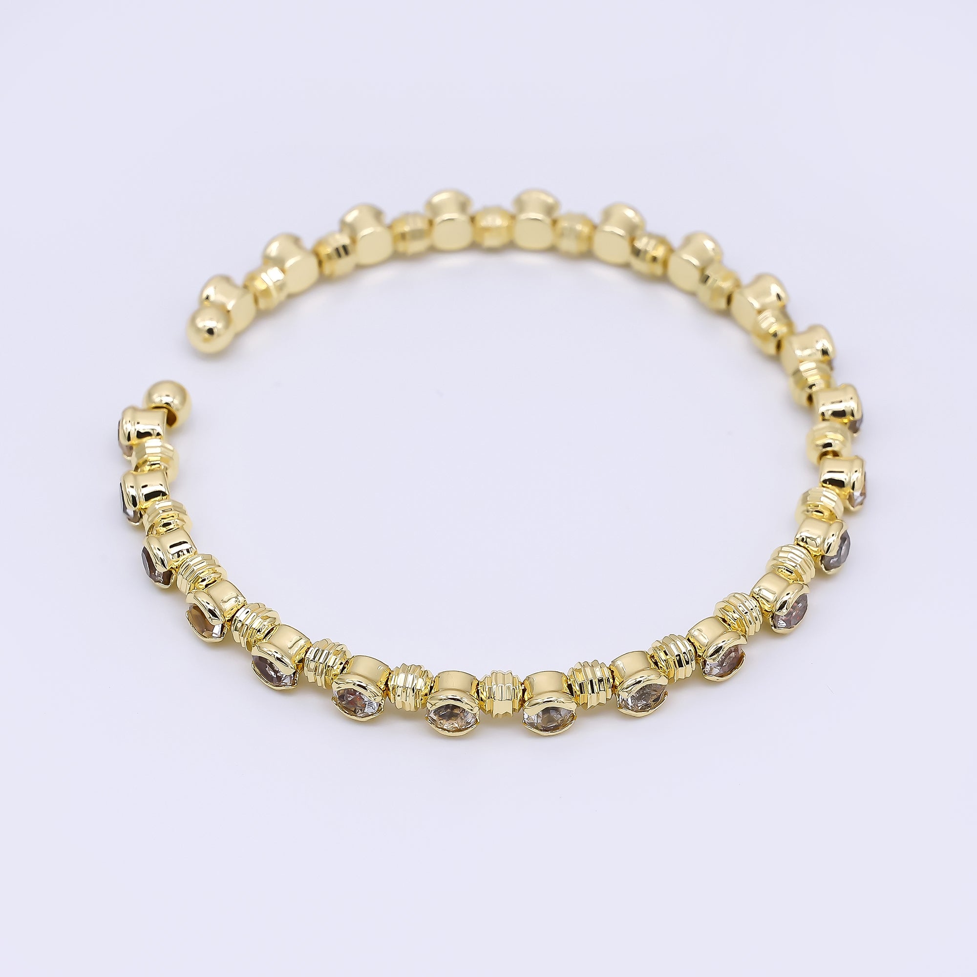 24K Gold Filled Clear Round CZ Bezle-Set Open Bangle Cuff Bracelet | WA-3327