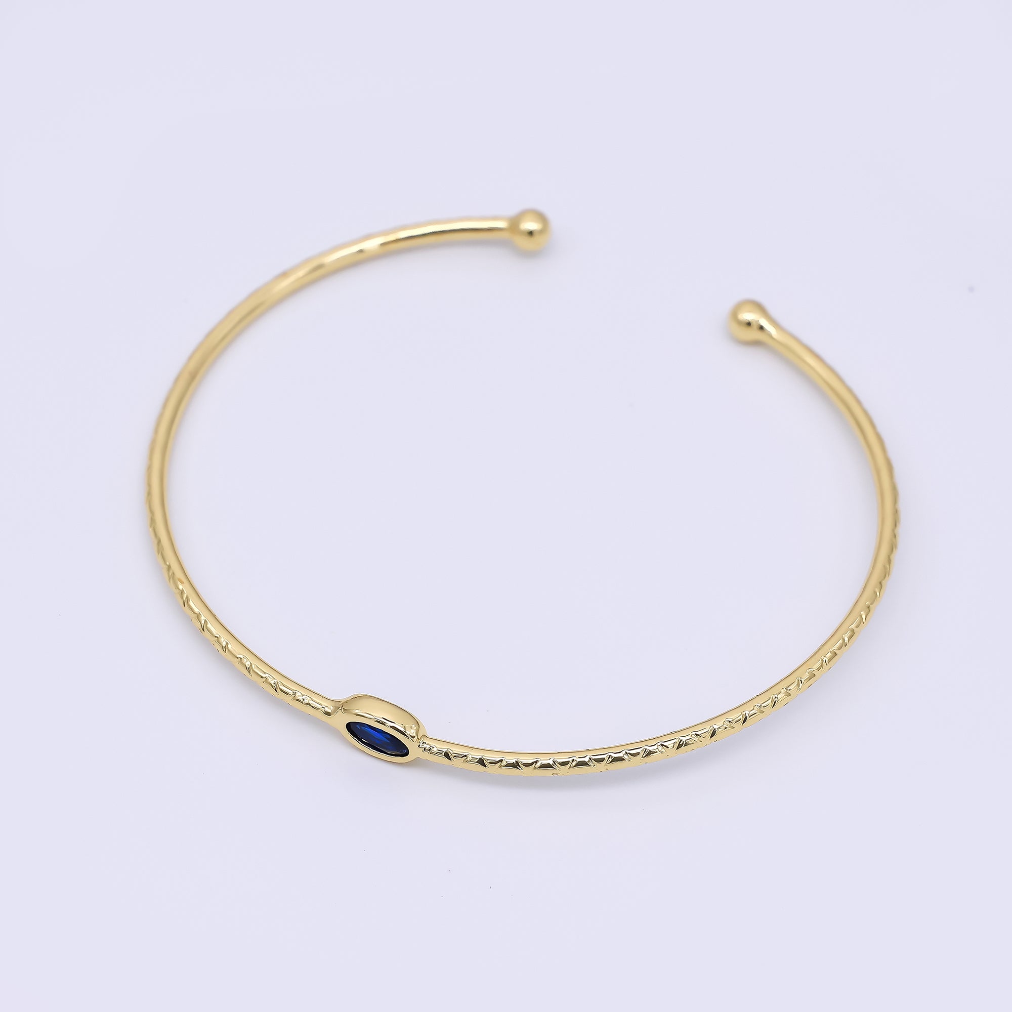 24K Gold Filled Blue CZ Simple Solitaire Cuff Bracelet | WA-3403