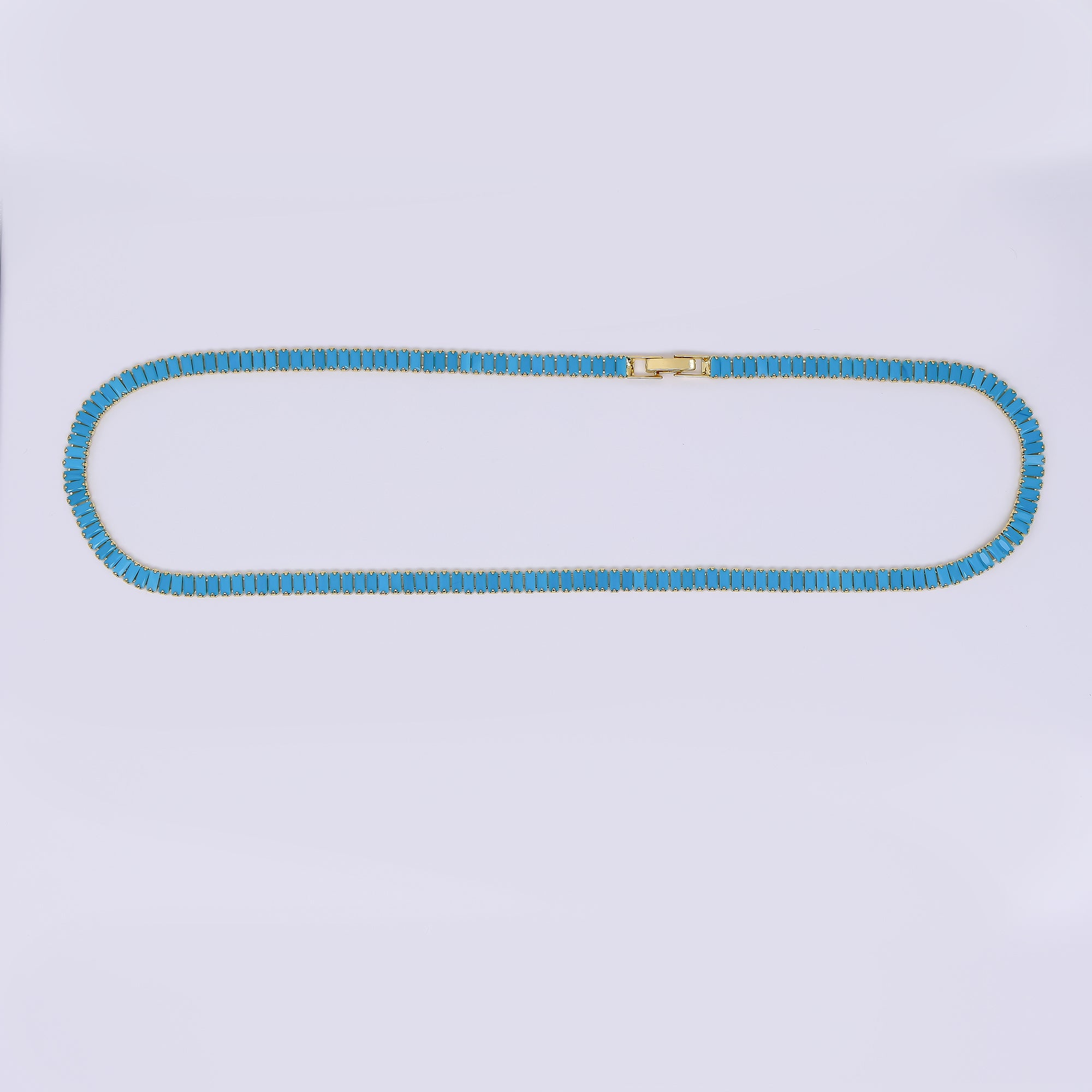 24K Gold Filled Turquoise Rectangular CZ Box Clasp Tennis Necklace 17.71 Inch | WA-3801