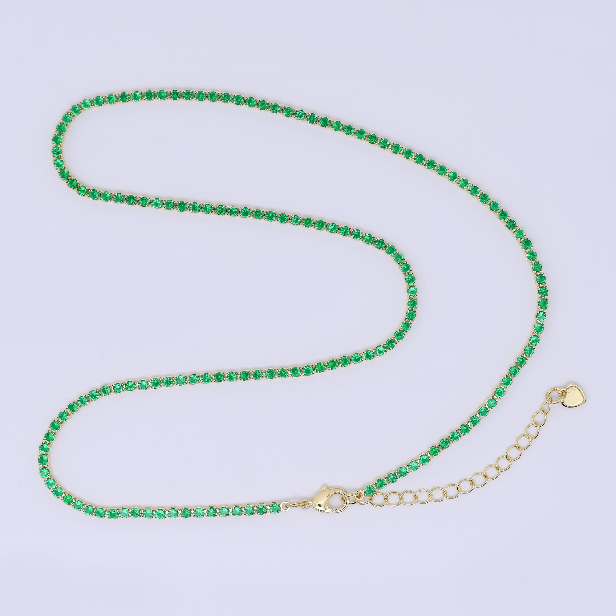 24K Gold Filled 2.1mm Green, Pink, Clear Round CZ Solid Color Tennis Chain 16 Inch Necklace with Extender | WA-3812 - WA-3814