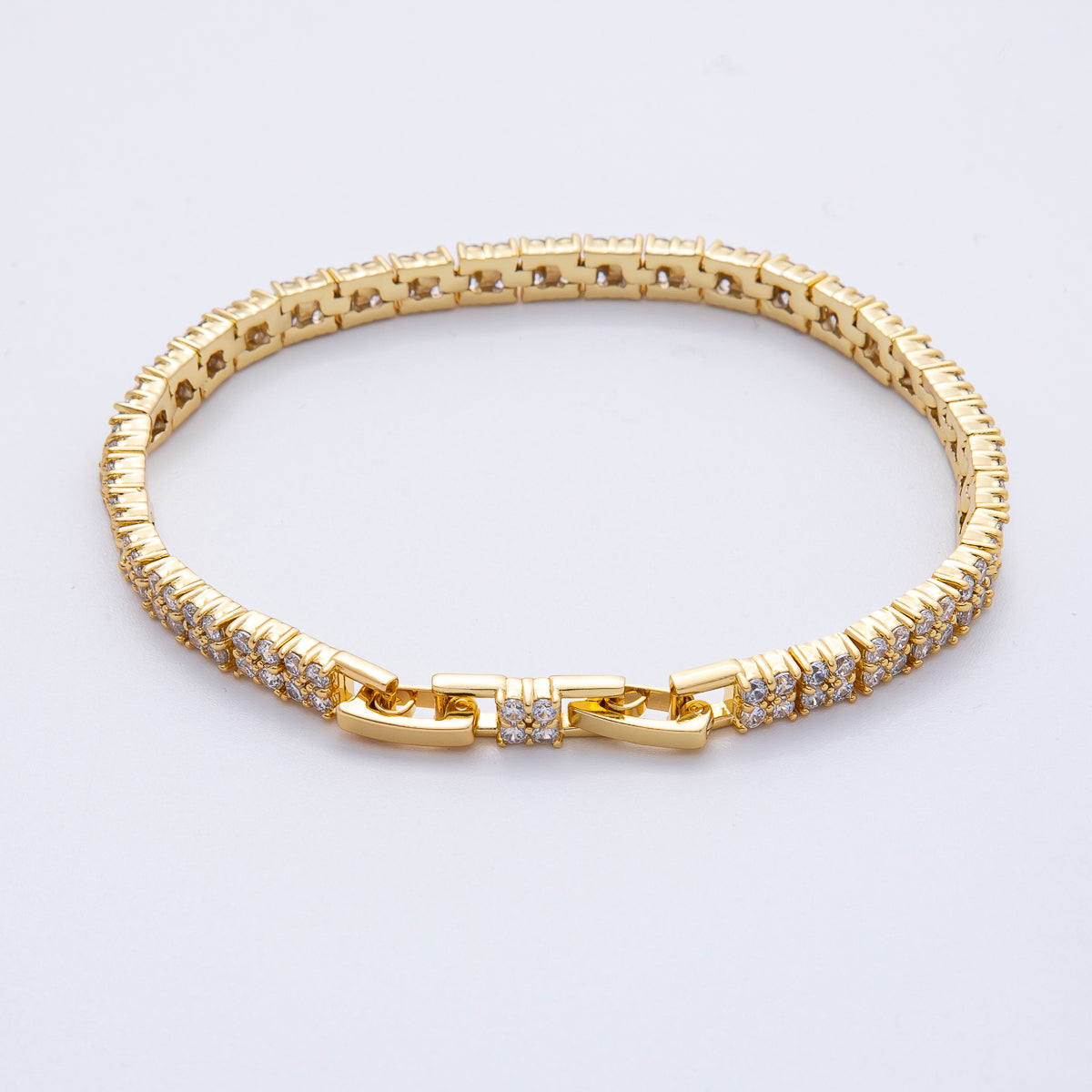 18K Gold Filled 5mm Clear CZ Quatrefoil Tennis Chain Adjustable Bracelet | WA-3882