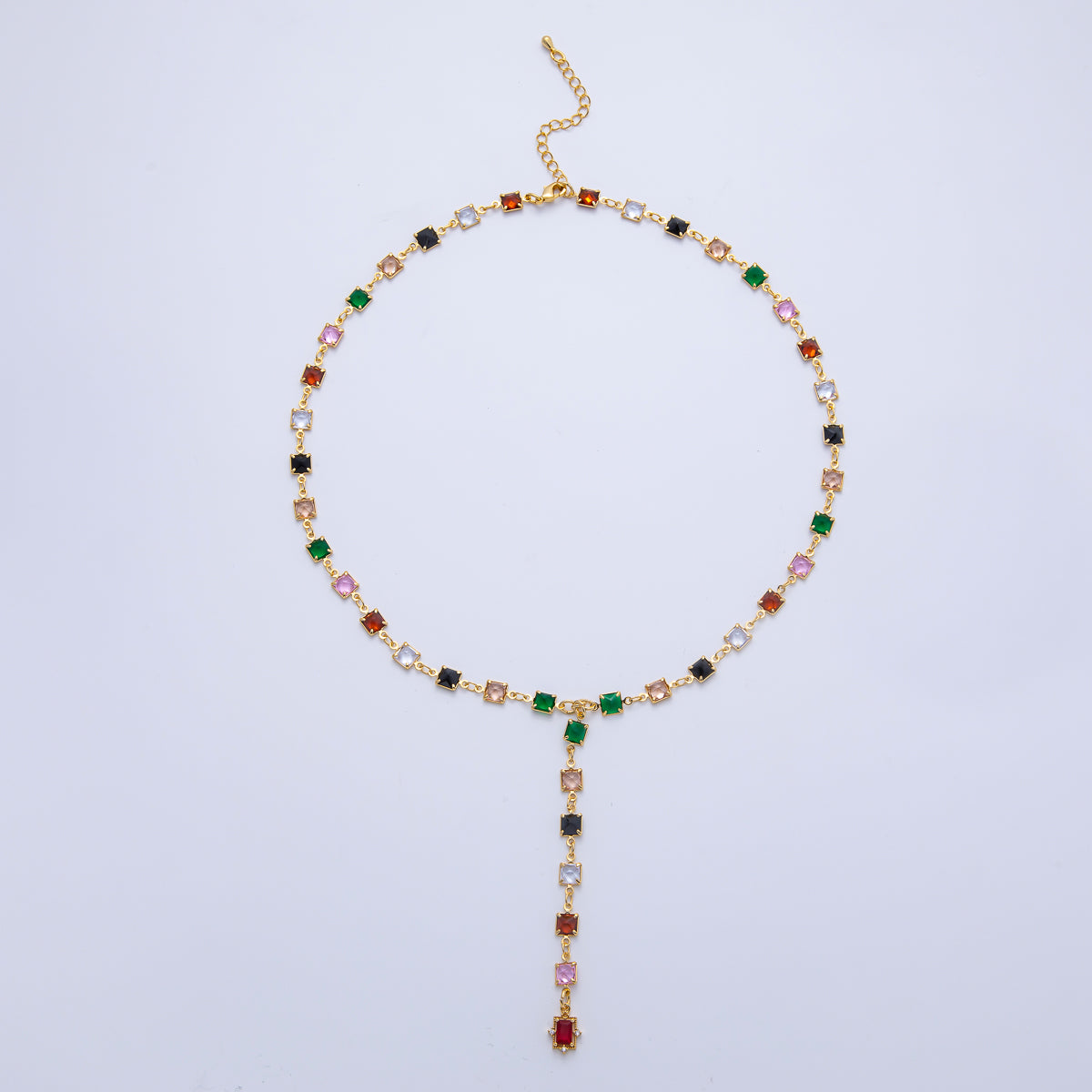 18K Gold Filled 5.7mm Multicolor Square CZ Gemstone Lariat 18 Inch Necklace w. Extender | WA-3940