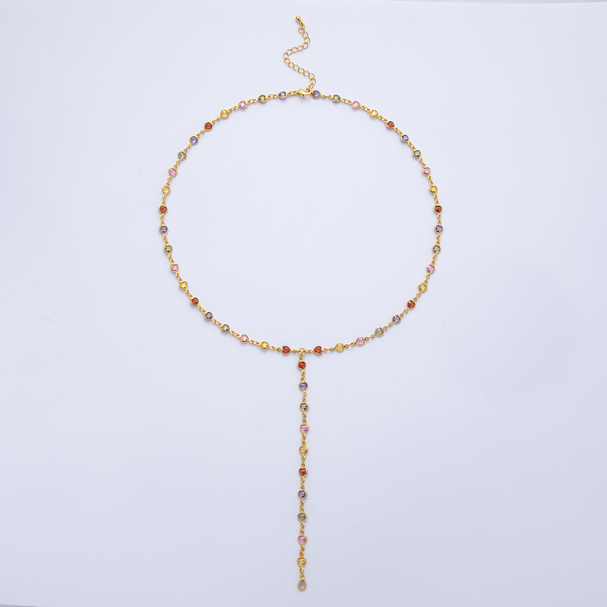 18K Gold Filled 4.6mm Multicolor CZ Bezel Heart Lariat Chain 18 Inch Necklace | WA-3967