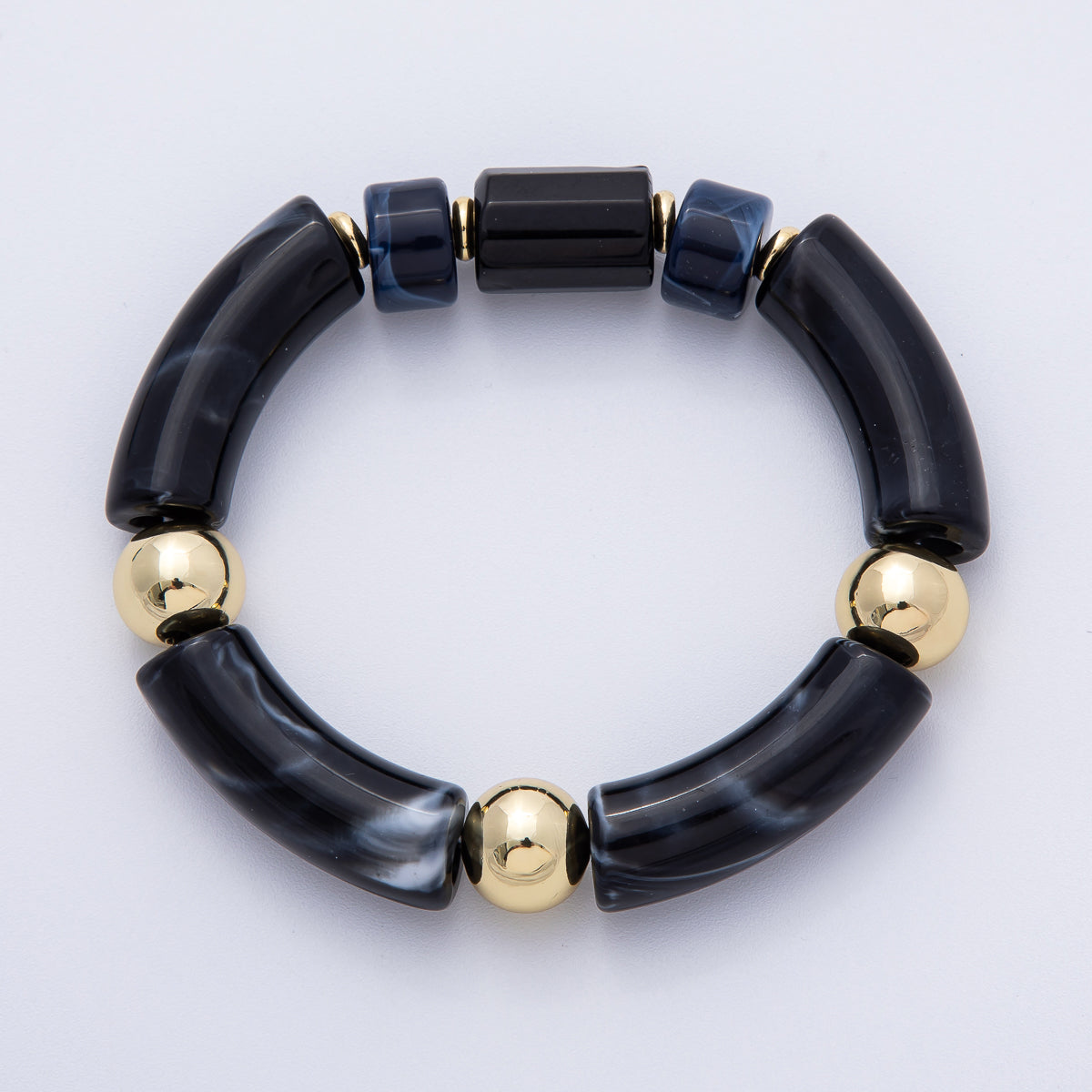 6mm Black Nero Marquina Gemstone Bead Stretch Bracelet | WA-3972
