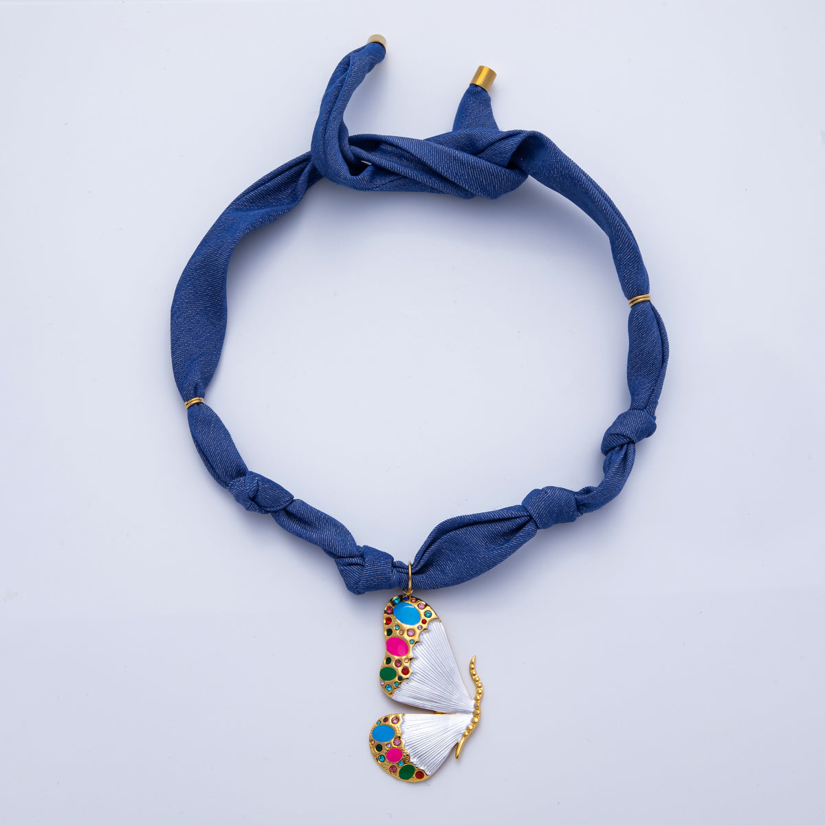 Stainless Steel Colorful White Butterfly Wings CZ Blue Denim Scarf Handmade Necklace | WA-3980