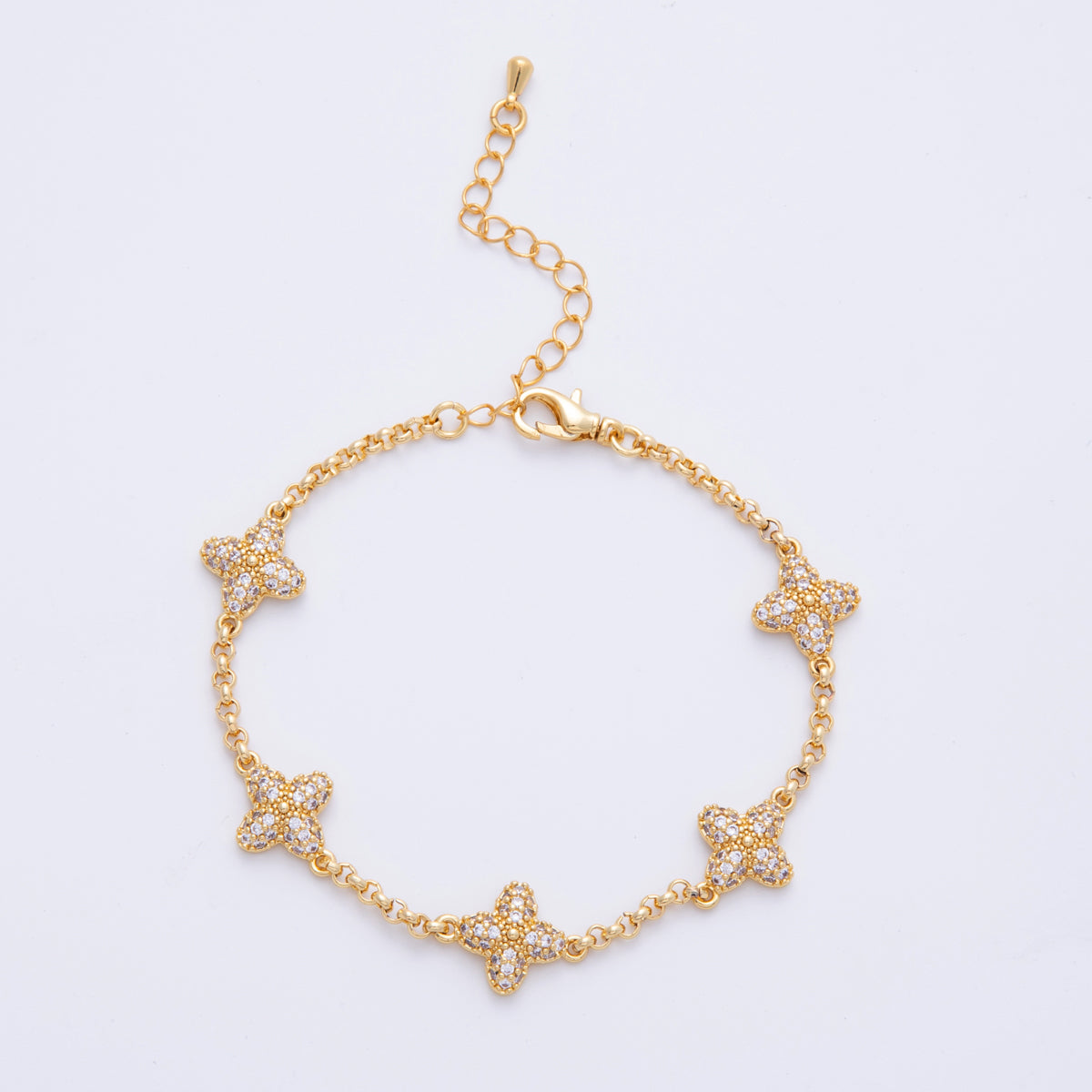 18K Gold Filled Micro Paved CZ Flower Cable Chain 7.2 Inch Bracelet | WA-3983