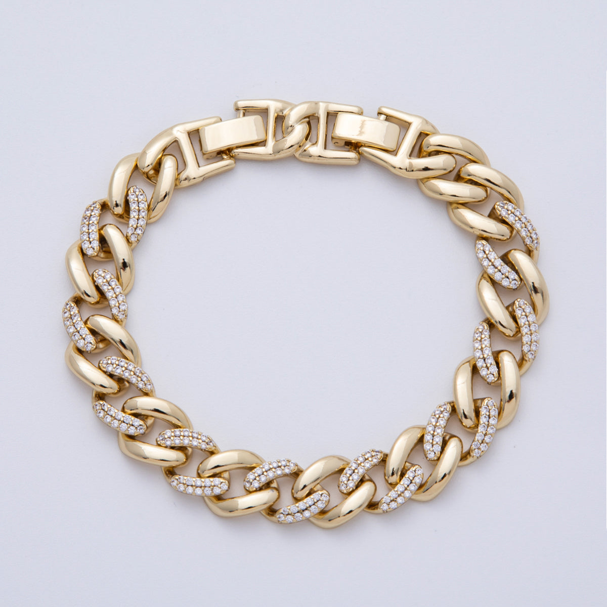 14K Gold Filled 9.9mm Micro Paved CZ Curb Chain 8 Inch Bracelet | WA-4098