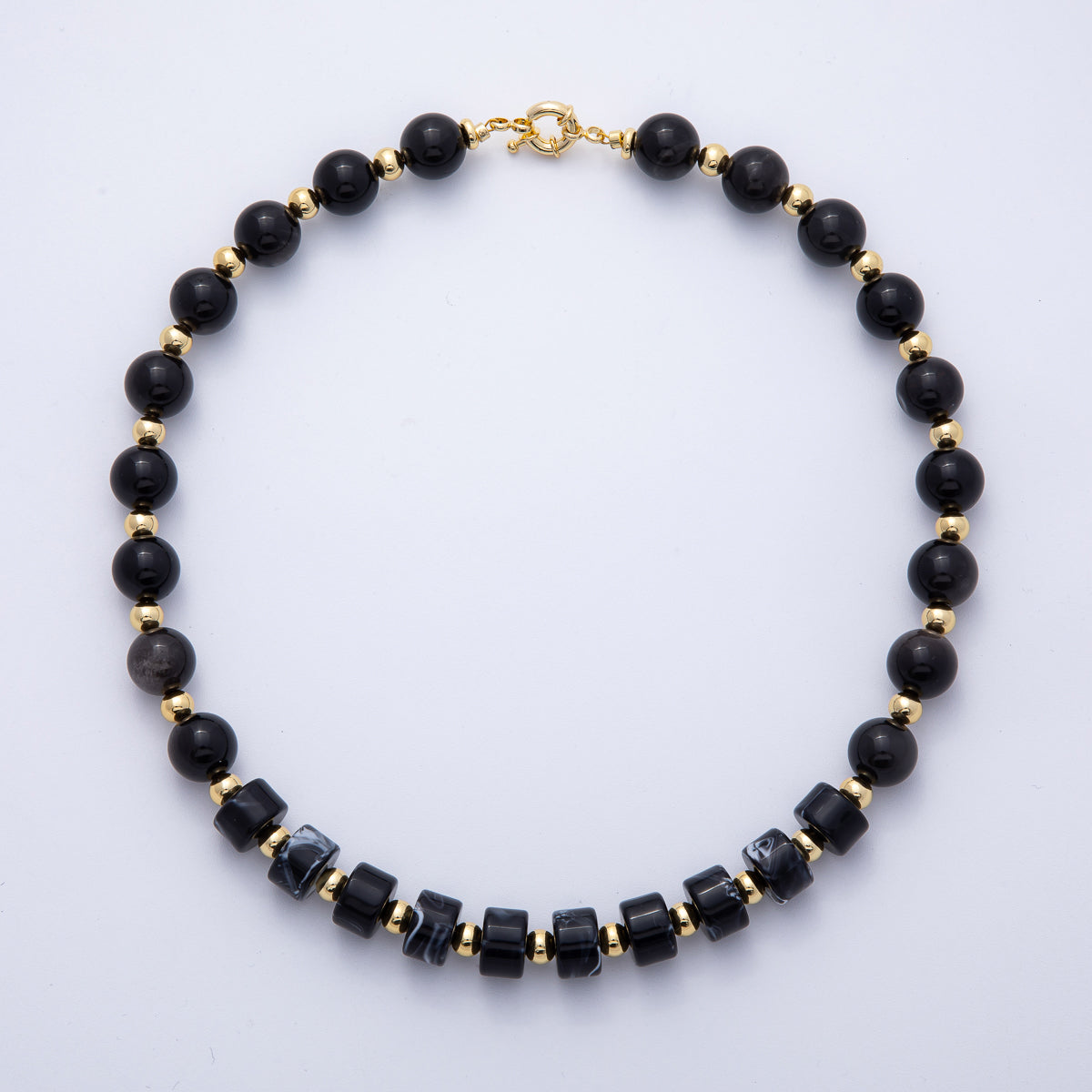 18K Gold Filled 12mm Black Nero Marquina Onyx Tube Round Bead 18.7 Inch w. Sailor Clasps | WA-4133