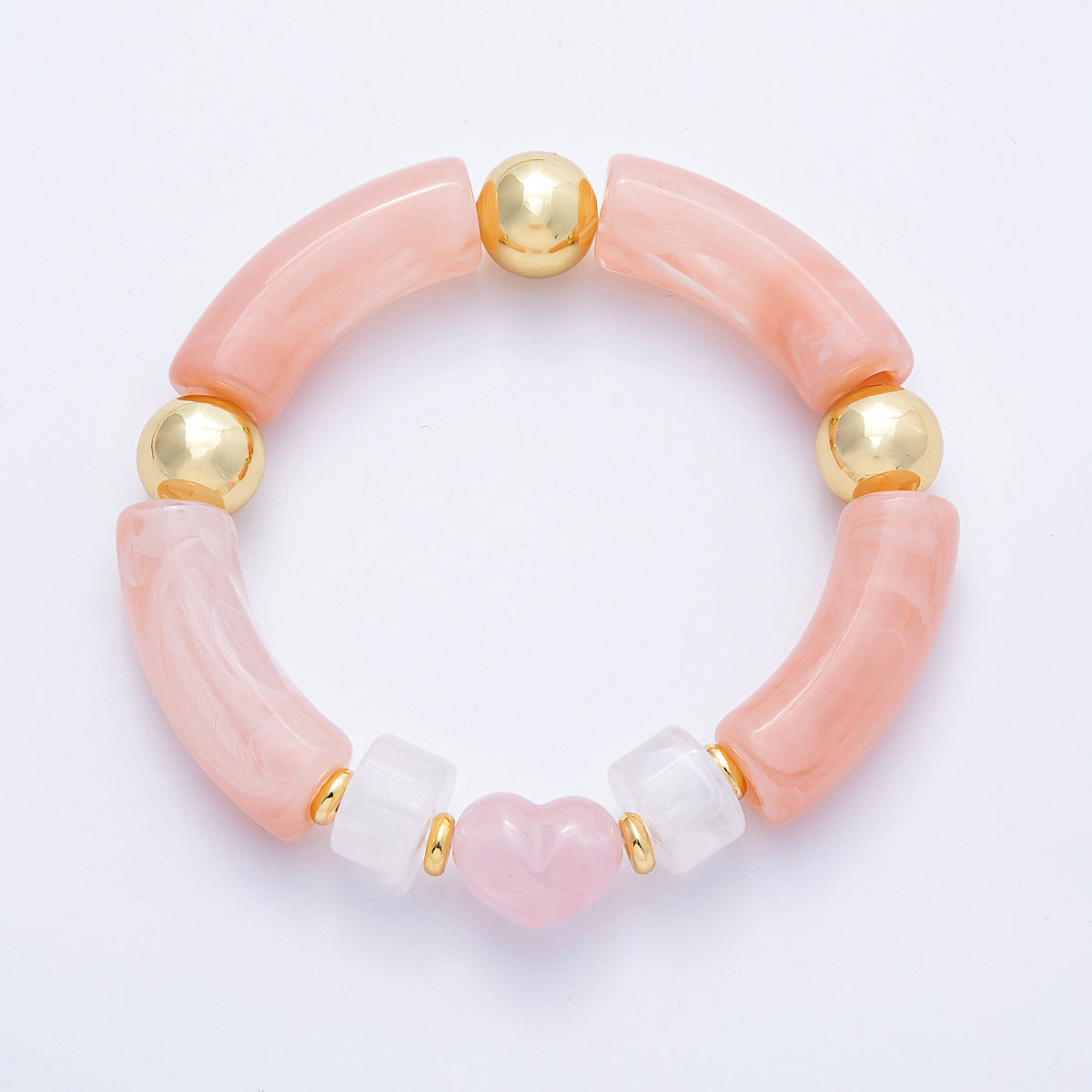 18K Gold Filled 6mm Rose Quartz Gemstone Heart Bead Stretch Bracelet | WA-04140