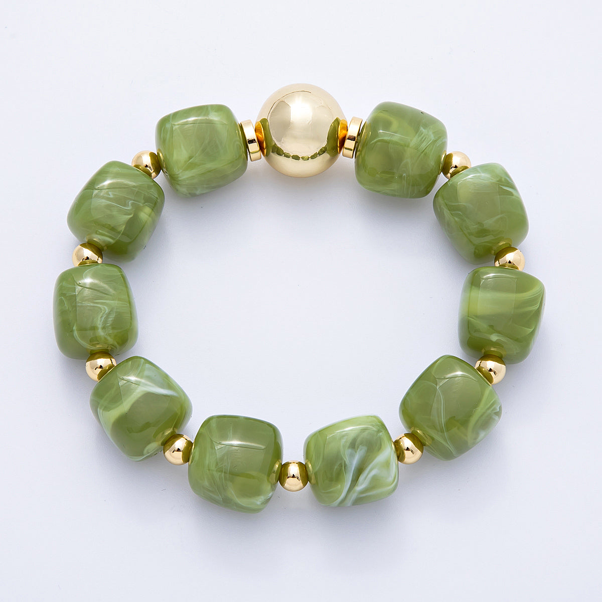 16K Gold Filled 8mm Coffee and Olive Green Marble Stone Acrylic Stretch Bracelet | WA4147 - WA4148