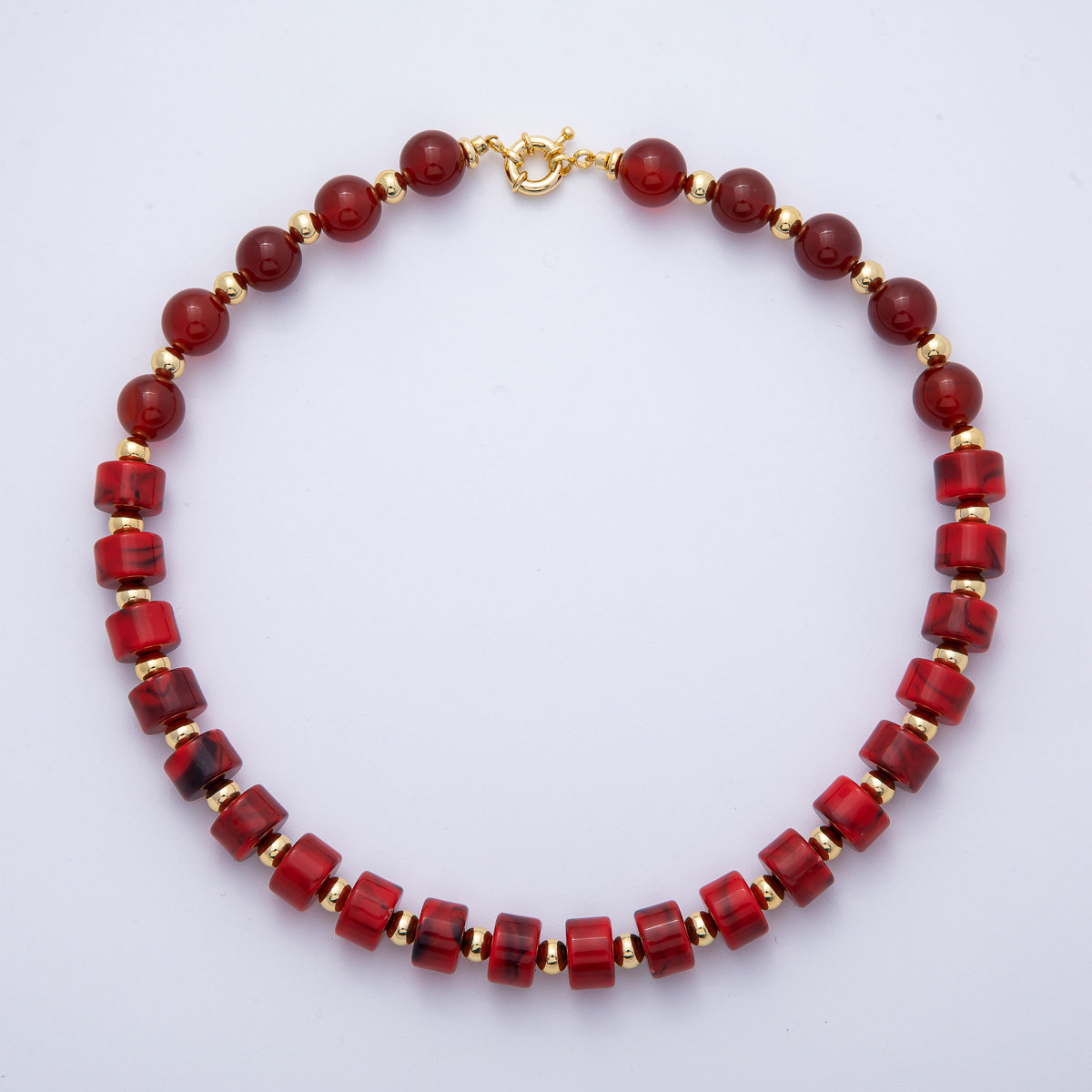18K Gold Filled 12mm Red Jasper Carnelian Tube Round Bead 18.5 Inch w. Sailor Clasps | WA-04251