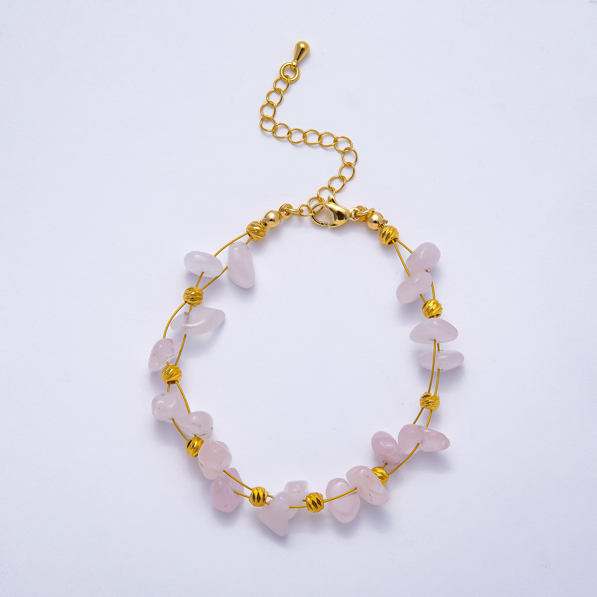 18K Gold Filled 4mm Pebble Chip Natural Gemstone Ball Bead Chain 7 Inch Bracelet w. Extender | WA-04417 ~ WA-04420