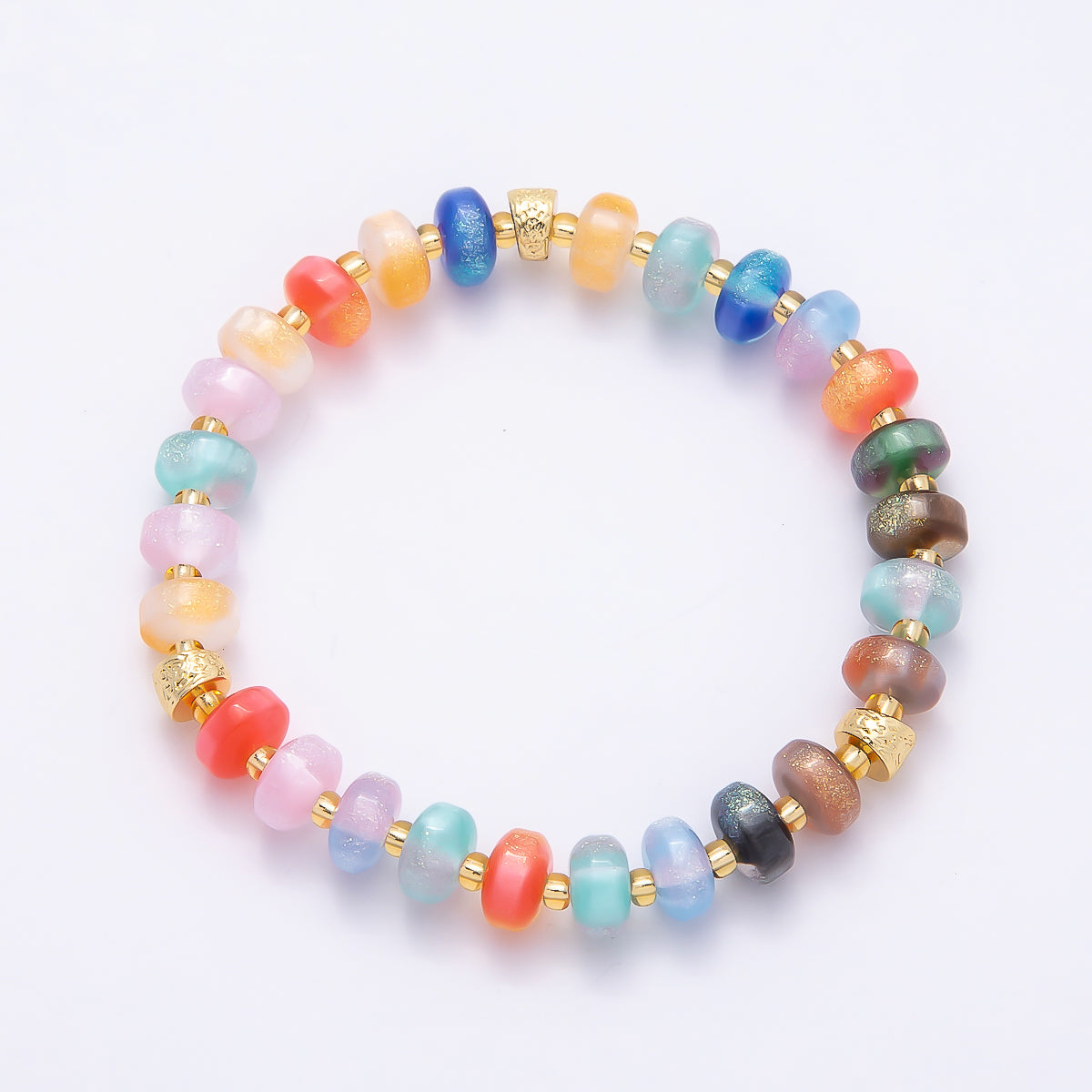 8mm Multicolor, Blue, Yellow, Pink, Orange, Green Glitter Rondelle Bead Resin 7 Inch Stretch Bracelet | WA-04559 ~ WA-04564