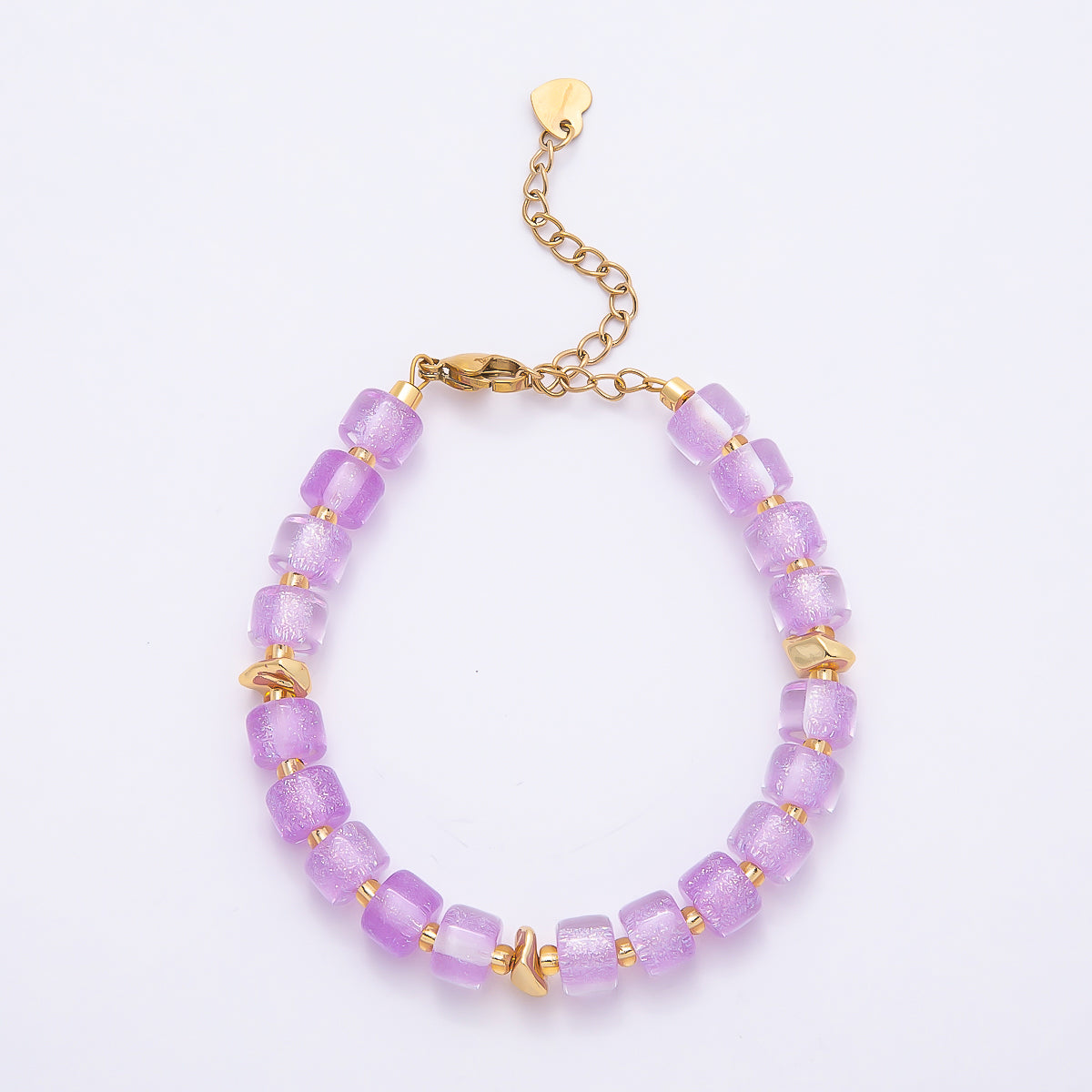 Stainless Steel 8mm Purple, Multicolor, White, Purple, Pink, Blue, Green, Orange Glitter Resin Rondelle Bead 7 Inch Bracelet w. Extender | WA-04573 ~ WA-04580