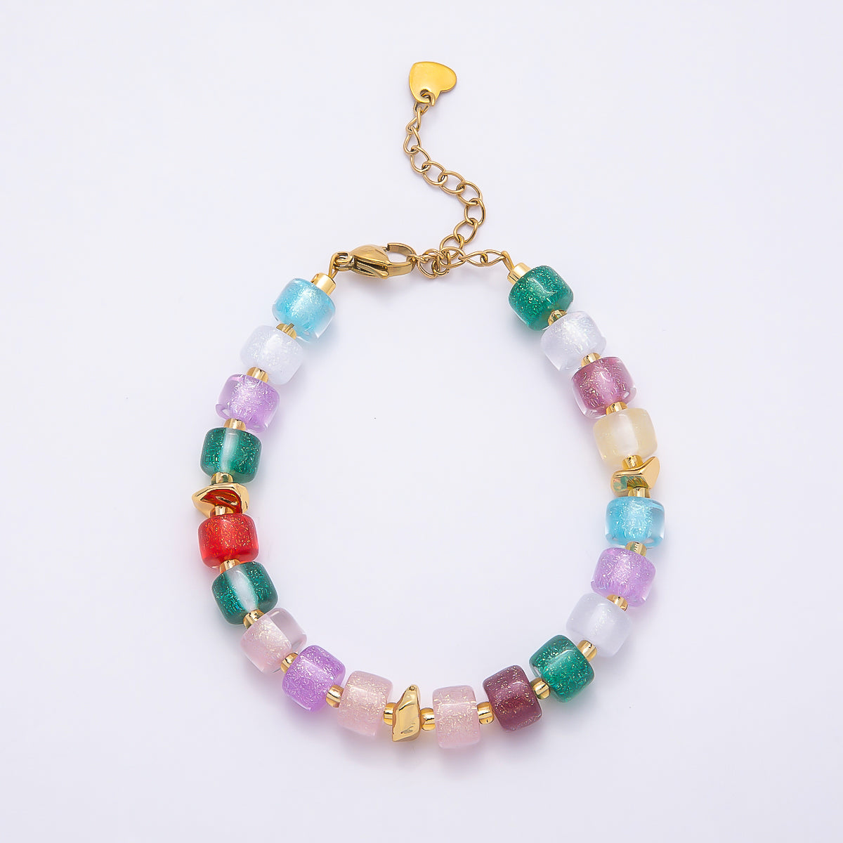 Stainless Steel 8mm Purple, Multicolor, White, Purple, Pink, Blue, Green, Orange Glitter Resin Rondelle Bead 7 Inch Bracelet w. Extender | WA-04573 ~ WA-04580