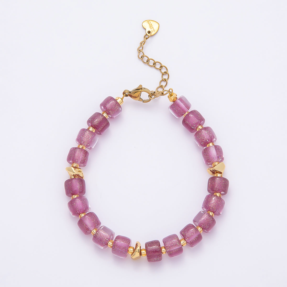 Stainless Steel 8mm Purple, Multicolor, White, Purple, Pink, Blue, Green, Orange Glitter Resin Rondelle Bead 7 Inch Bracelet w. Extender | WA-04573 ~ WA-04580