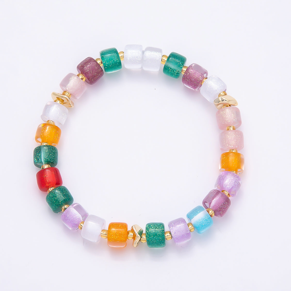 Stainless Steel 8mm Multicolor, Purple, Orange, Pink, Green, White, Blue Glitter Resin Rondelle Bead 7 Inch Stretch Bracelet | WA-04581 - WA-04588