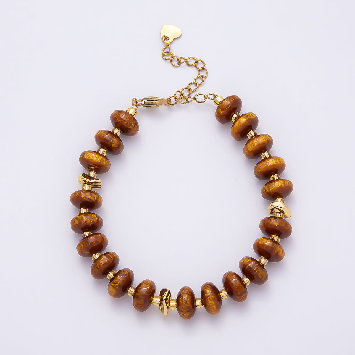 Handmade 10mm Round Flat Rondelle Bead Resin 7.5 Inch Bracelet w/ Extender Gold Pvd Stainless Steel | WA-04613 - WA-04618