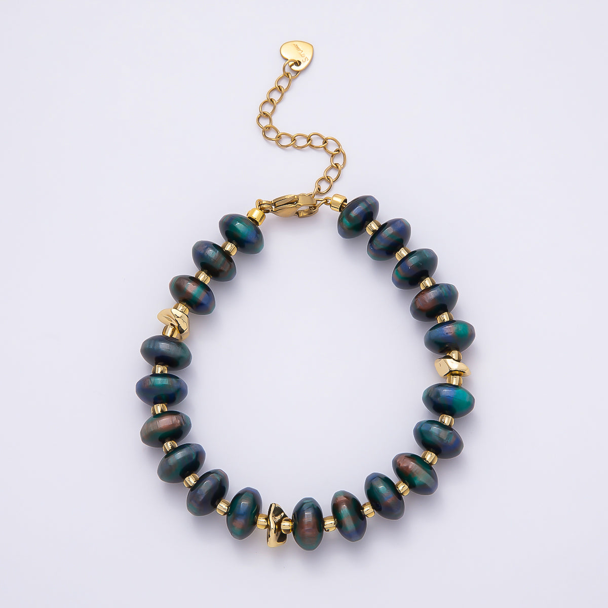 Handmade 10mm Round Flat Rondelle Bead Resin 7.5 Inch Bracelet w/ Extender Gold Pvd Stainless Steel | WA-04613 - WA-04618