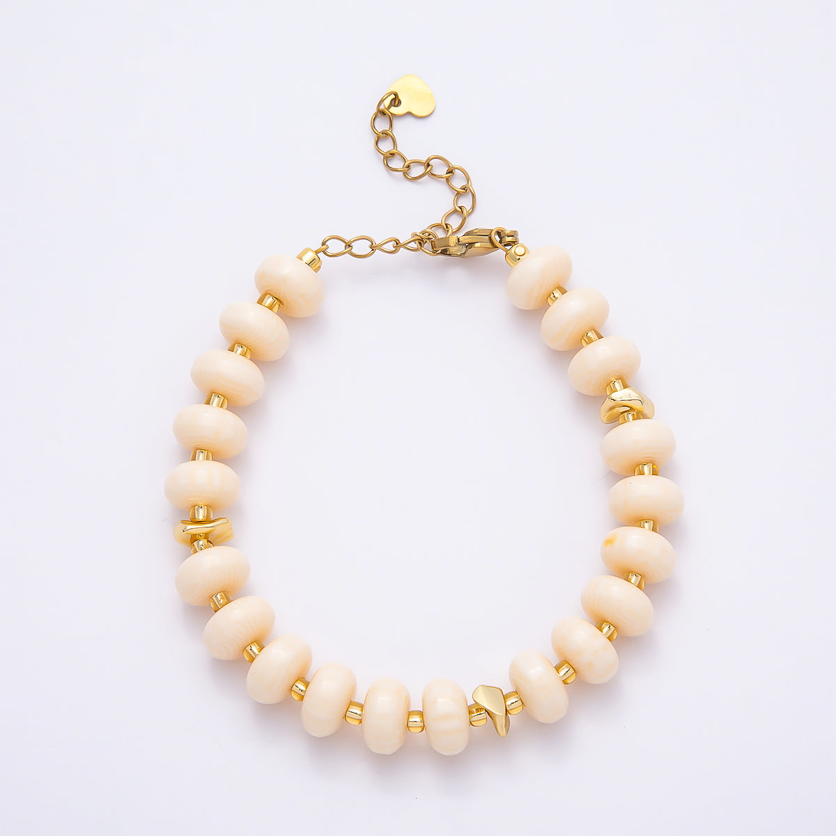 Handmade 10mm Round Flat Rondelle Bead Resin 7.5 Inch Bracelet w/ Extender Gold Pvd Stainless Steel | WA-04613 - WA-04618