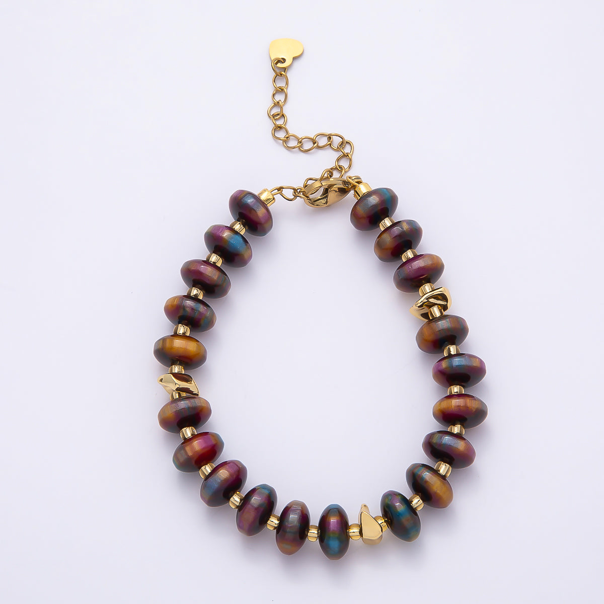 Handmade 10mm Round Flat Rondelle Bead Resin 7.5 Inch Bracelet w/ Extender Gold Pvd Stainless Steel | WA-04613 - WA-04618