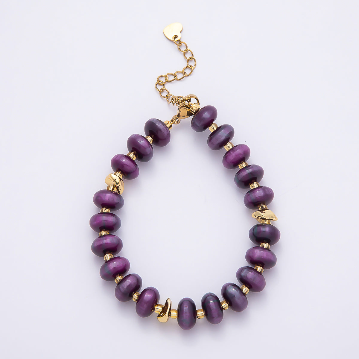 Handmade 10mm Round Flat Rondelle Bead Resin 7.5 Inch Bracelet w/ Extender Gold Pvd Stainless Steel | WA-04613 - WA-04618