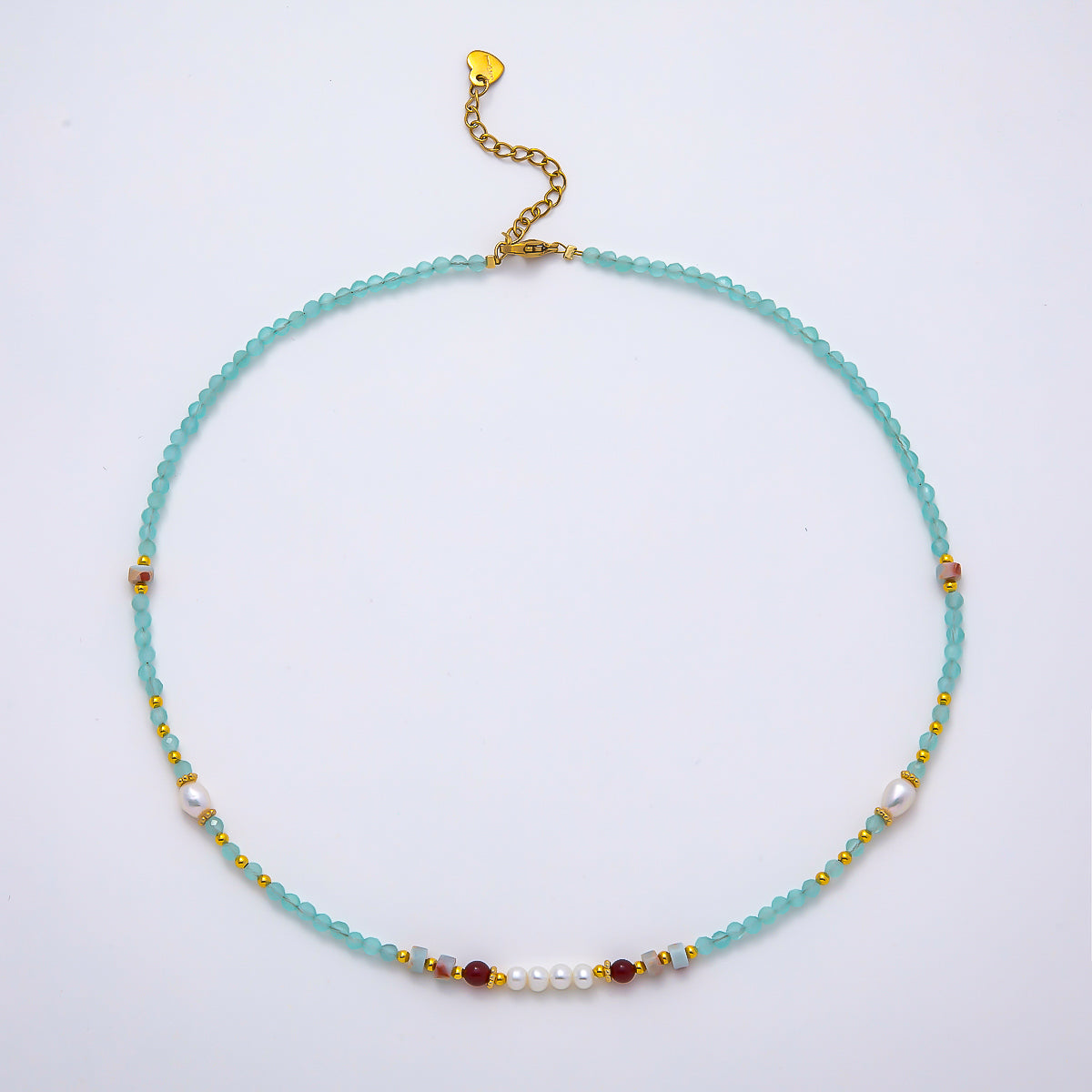 Handmade Stainless Steel 4mm Blue Aquamarine Shell Pearl Gemstone Chain 16 Inch Necklace | WA-04645